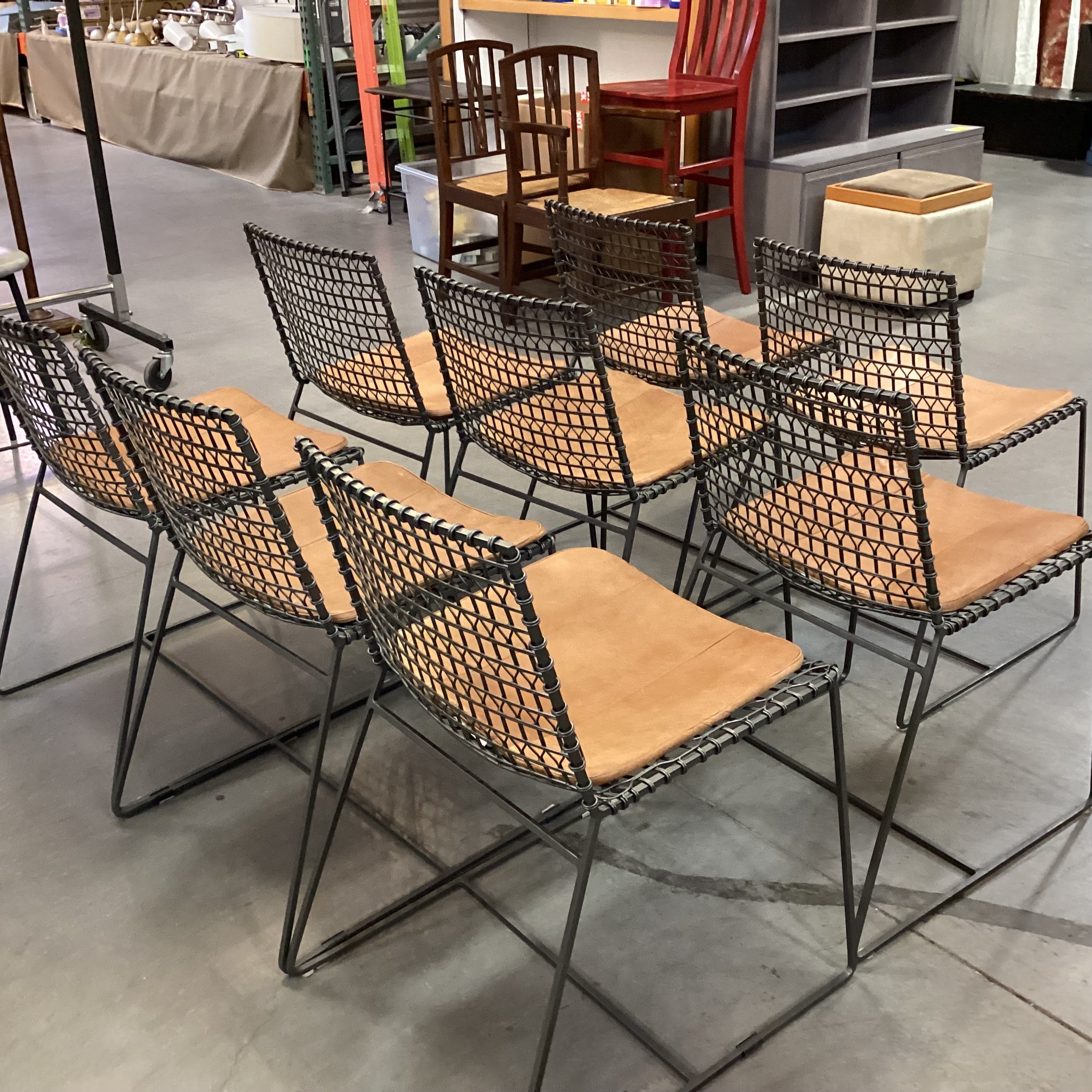 Set of 8 Crate & Barrel Tig Metal & Leather Cushion Dining Chairs  18"x 21"x 31"