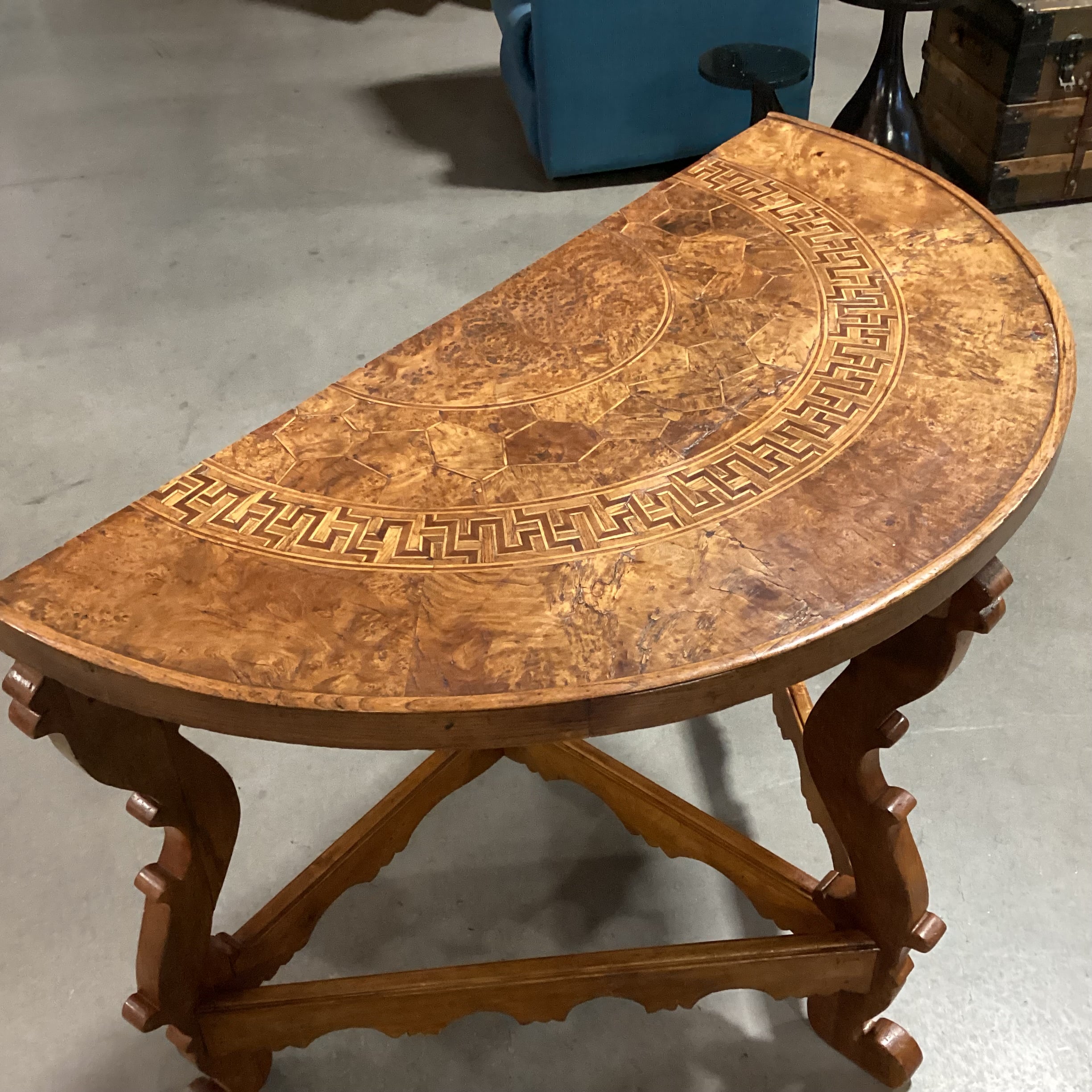 Antique Ornate Carved Wood & Inlay Demi Lune Accent Table 49"x 25"x 35"