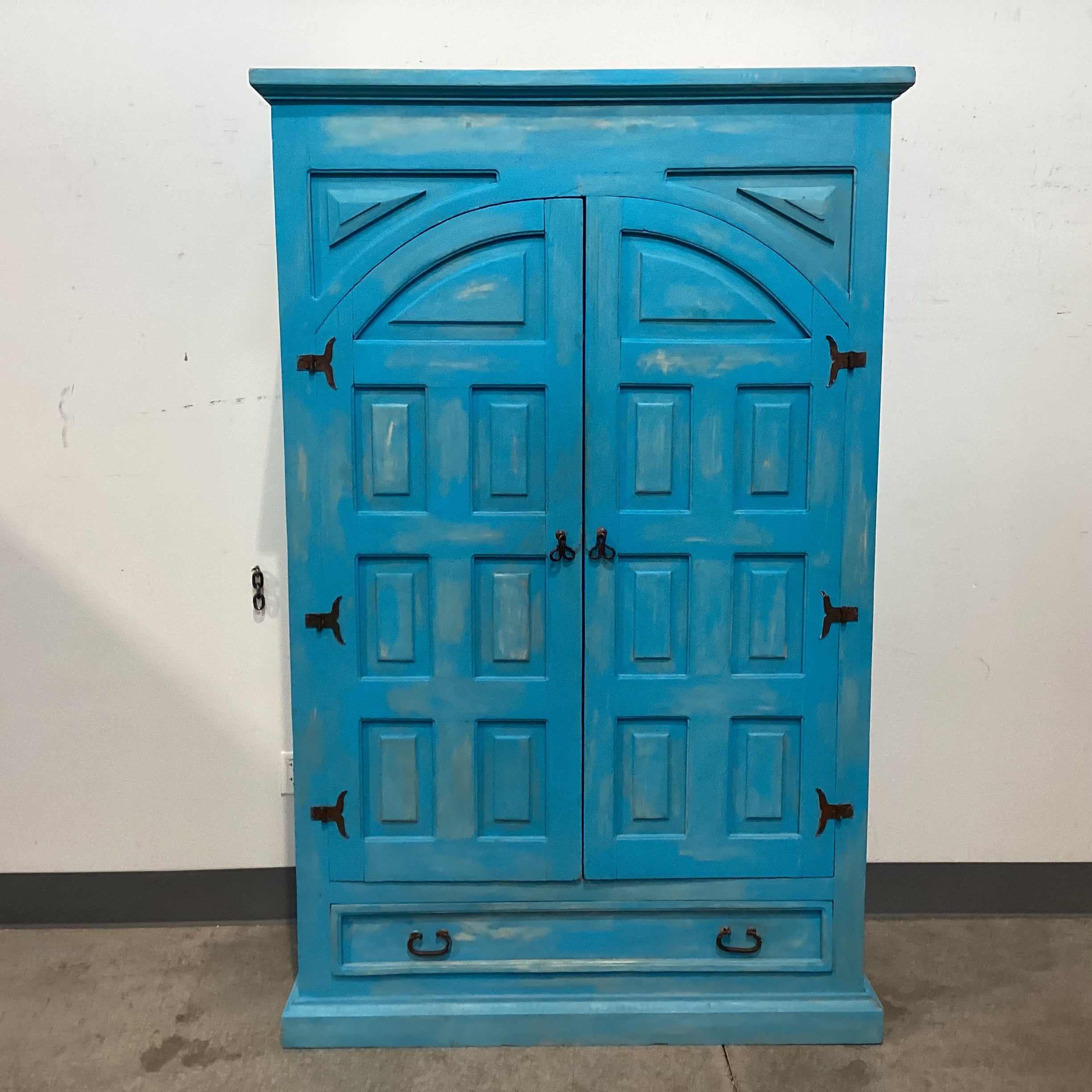 Rustic Carved Pine Distressed Blue 2 Door with Shelves 1 Drawer Armoire 51"x 25"x 80"