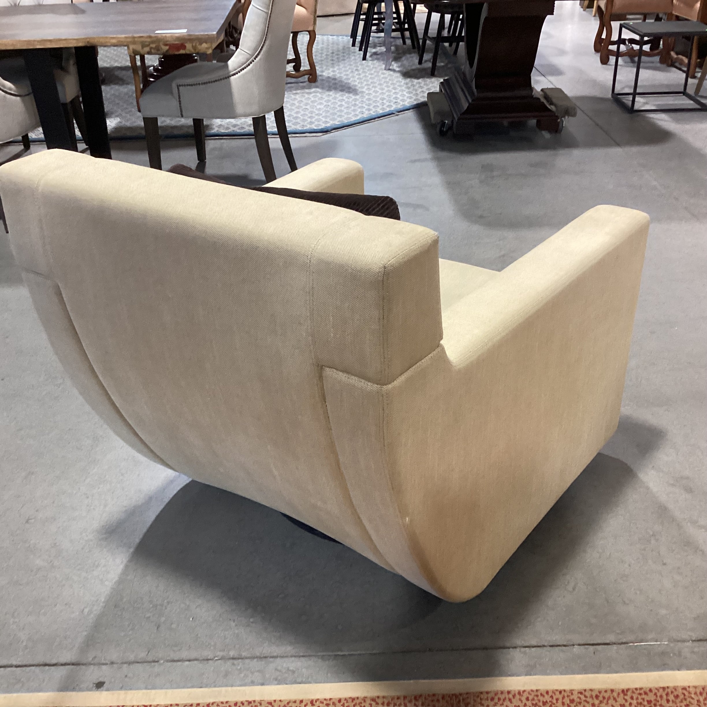 Custom Gold Woven Slope Arm Curved Back Swivel Chair 35"x 38"x 33"