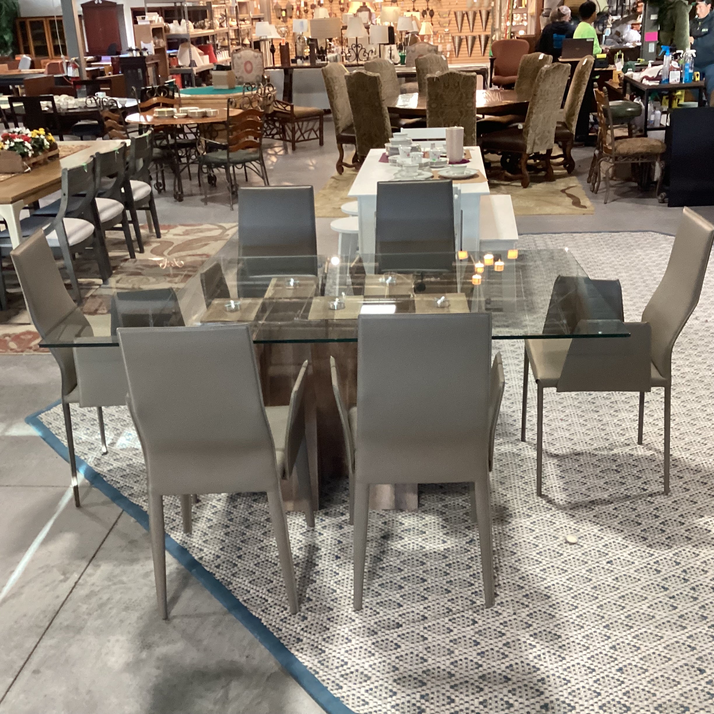 Modern Simulated Wood Grain Finish & Glass Table with 6 Taupe Regenerated Leather Wrapped Chair Dining Set 71"x 39"x 30"