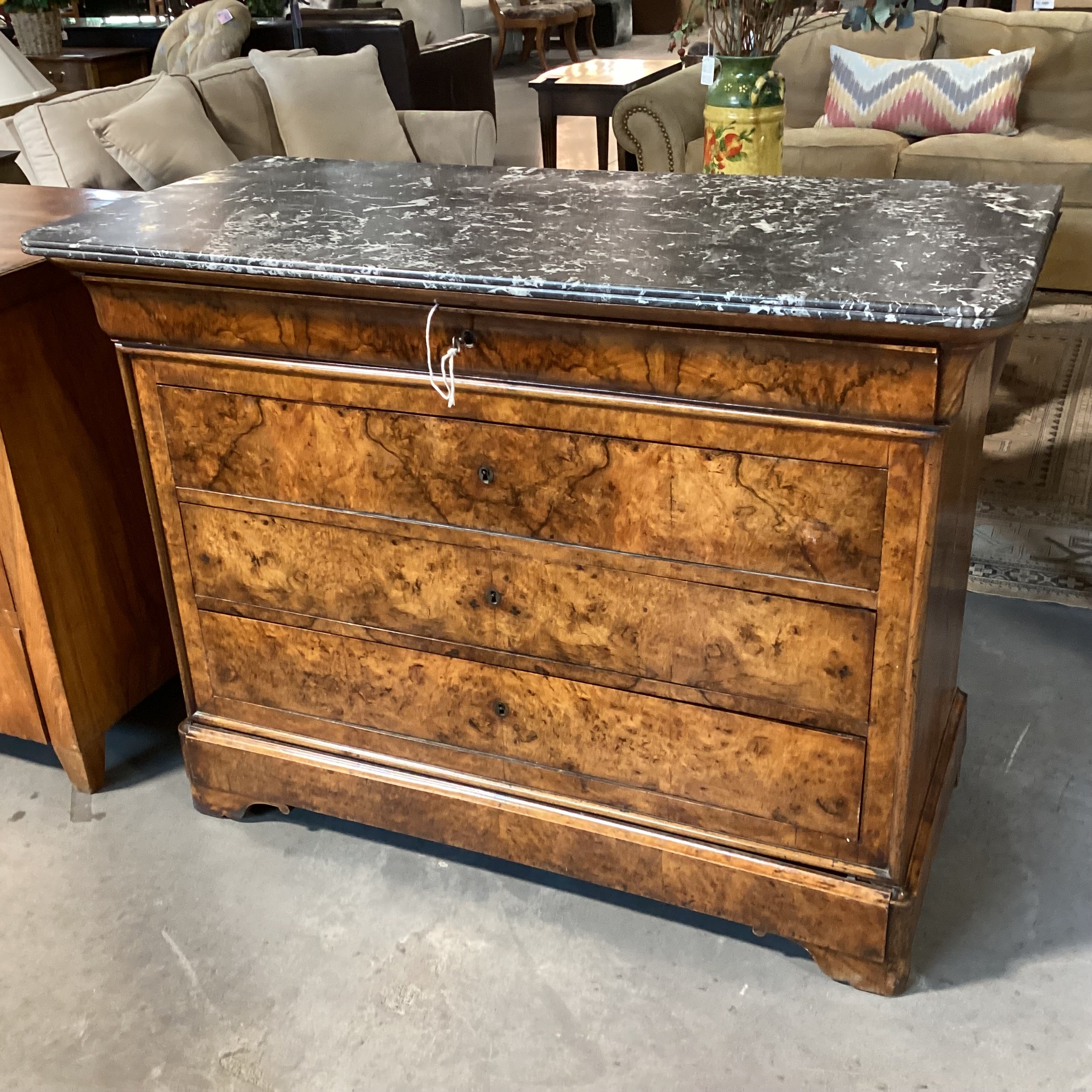 Antique Mediterranean Olive Burl 4 Drawer with Marble Top Desk 52"x 24.5"x 39"