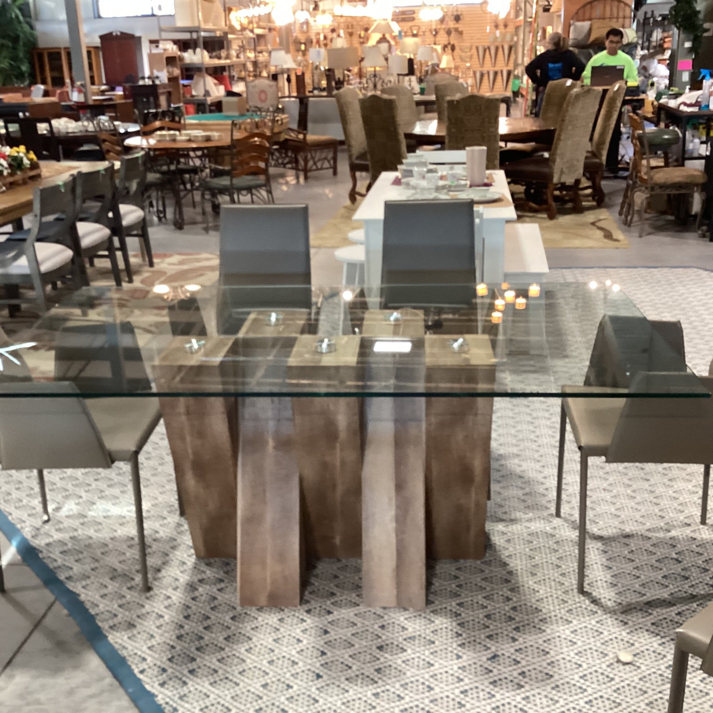 Modern Simulated Wood Grain Finish & Glass Table with 6 Taupe Regenerated Leather Wrapped Chair Dining Set 71"x 39"x 30"