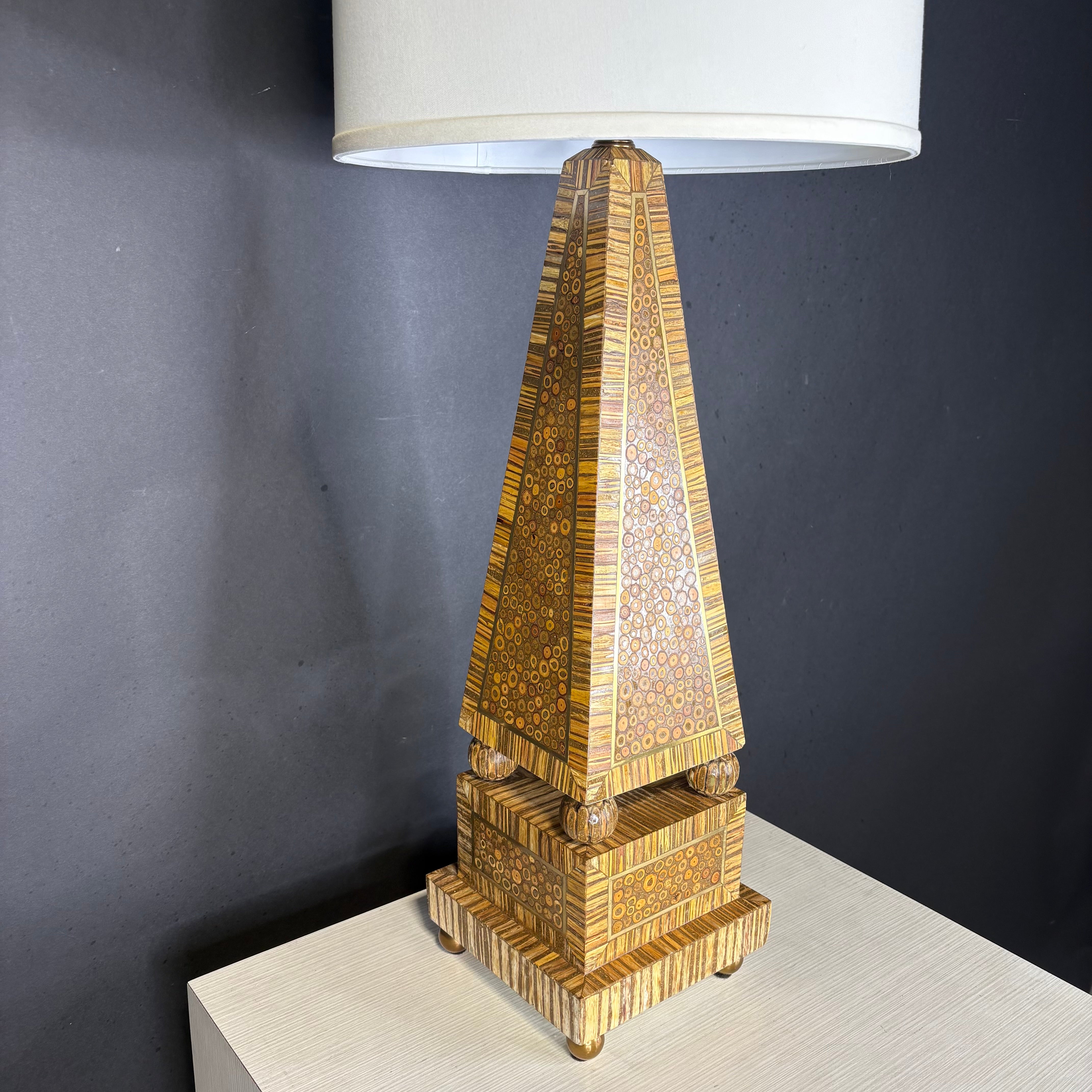 Maitland Smith Obelisk Multi-Wood Inlay and Brass with Shade Table Lamp 13” Diameter @ Shade x 37”