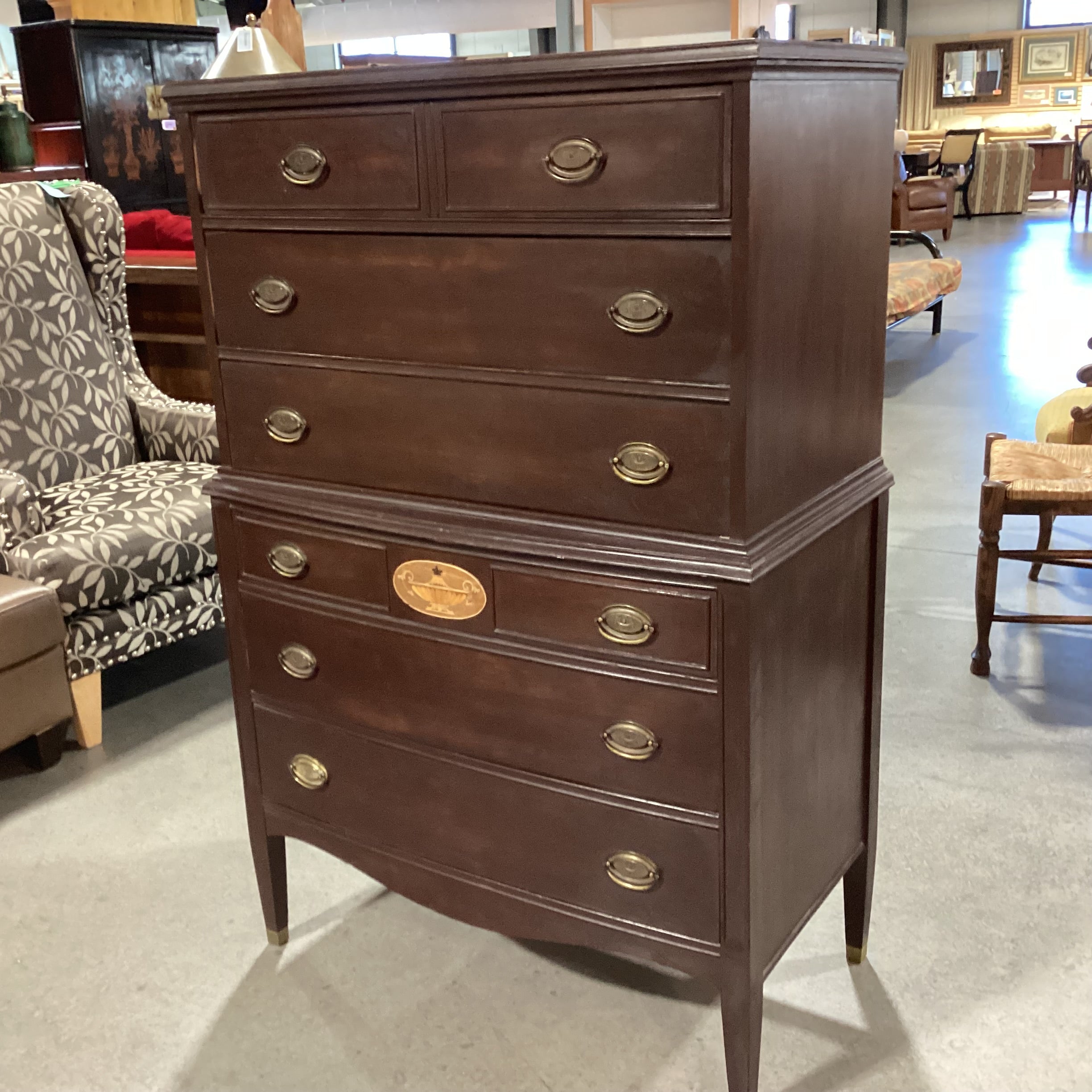 Antique Finished Wood with Inlay Detail 6 Drawer Chest 36"x 20"x 54.5"