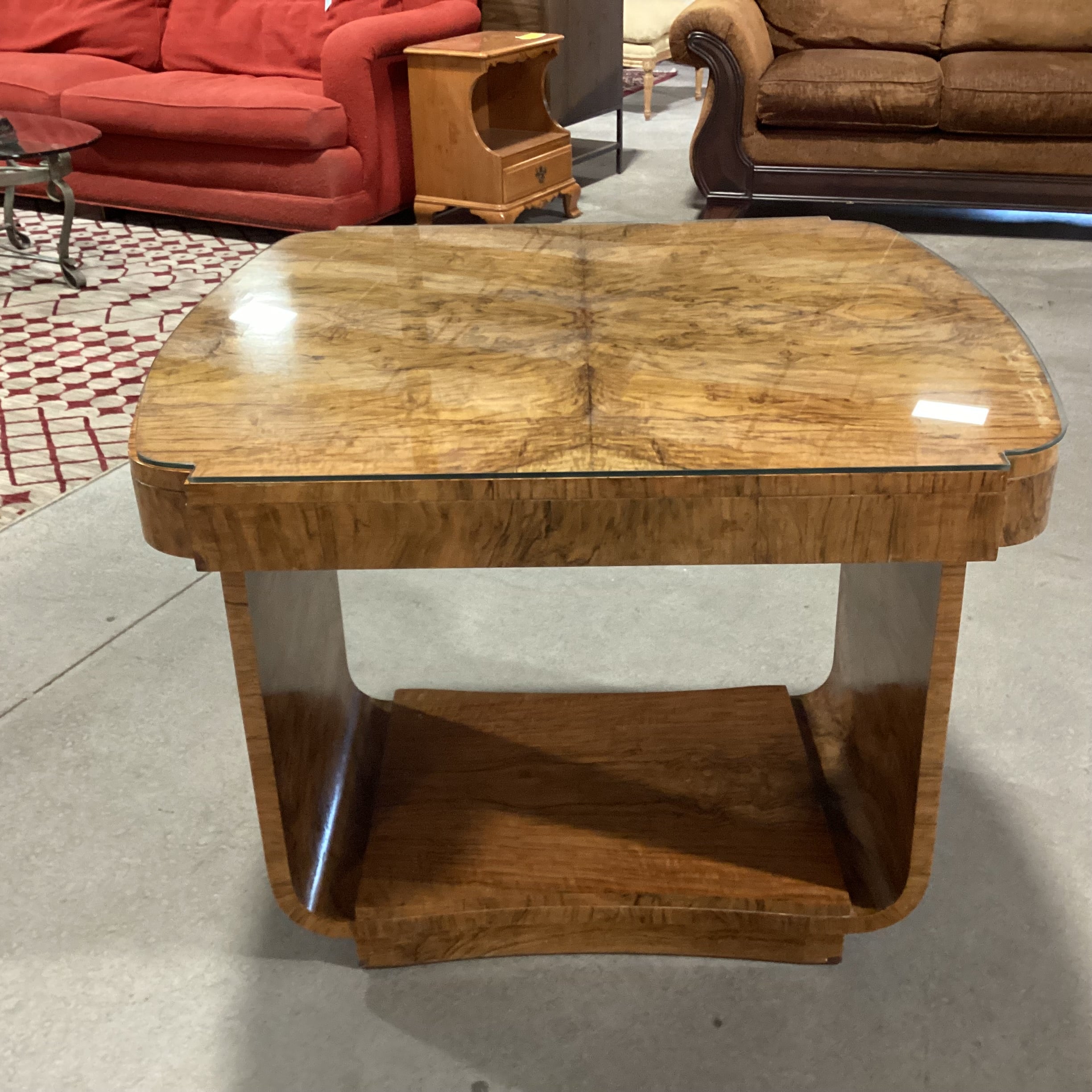 Vintage Art Deco Style Burl Maple Book Matched with Glass Top Accent Table 36"x 33"x 29.5"