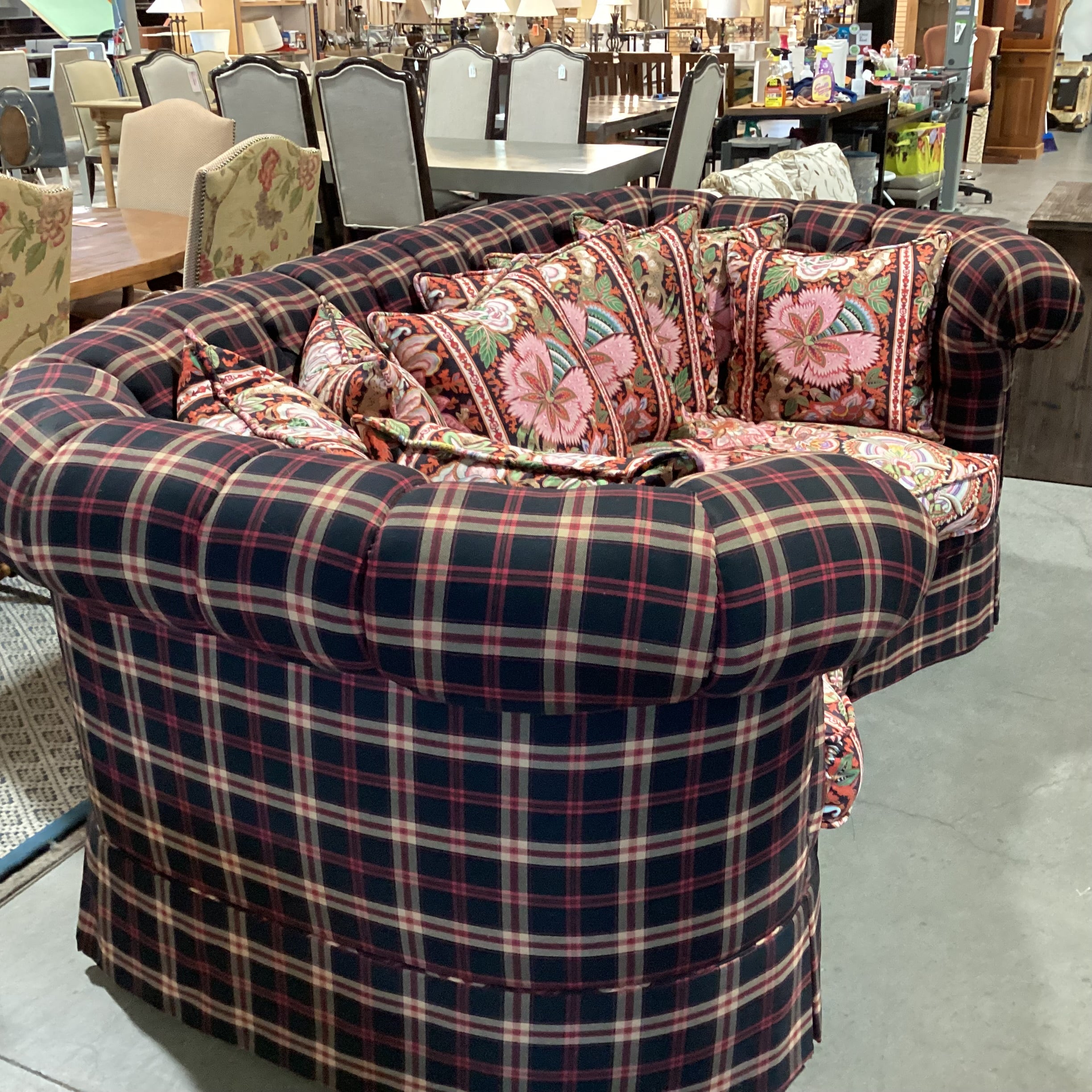 Custom Black Red Tan Plaid Button Tufted with Pink Ornate Floral Cushion & Pillows Down Mix Sofa 100"x 58"x 40"