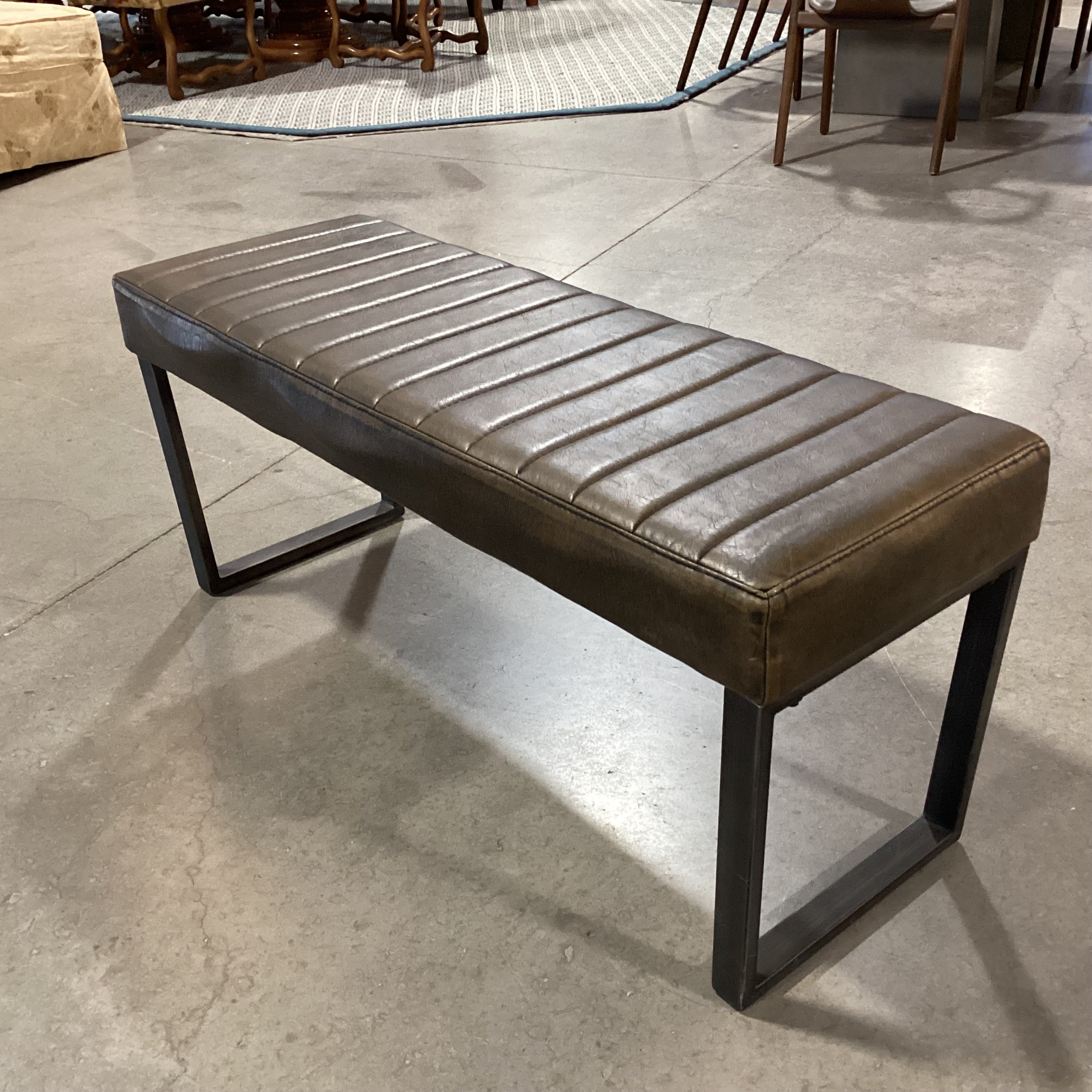 Jasper Distressed Bronze Faux Leather Channel Tufted & Metal Bench 45"x 16"x 20"