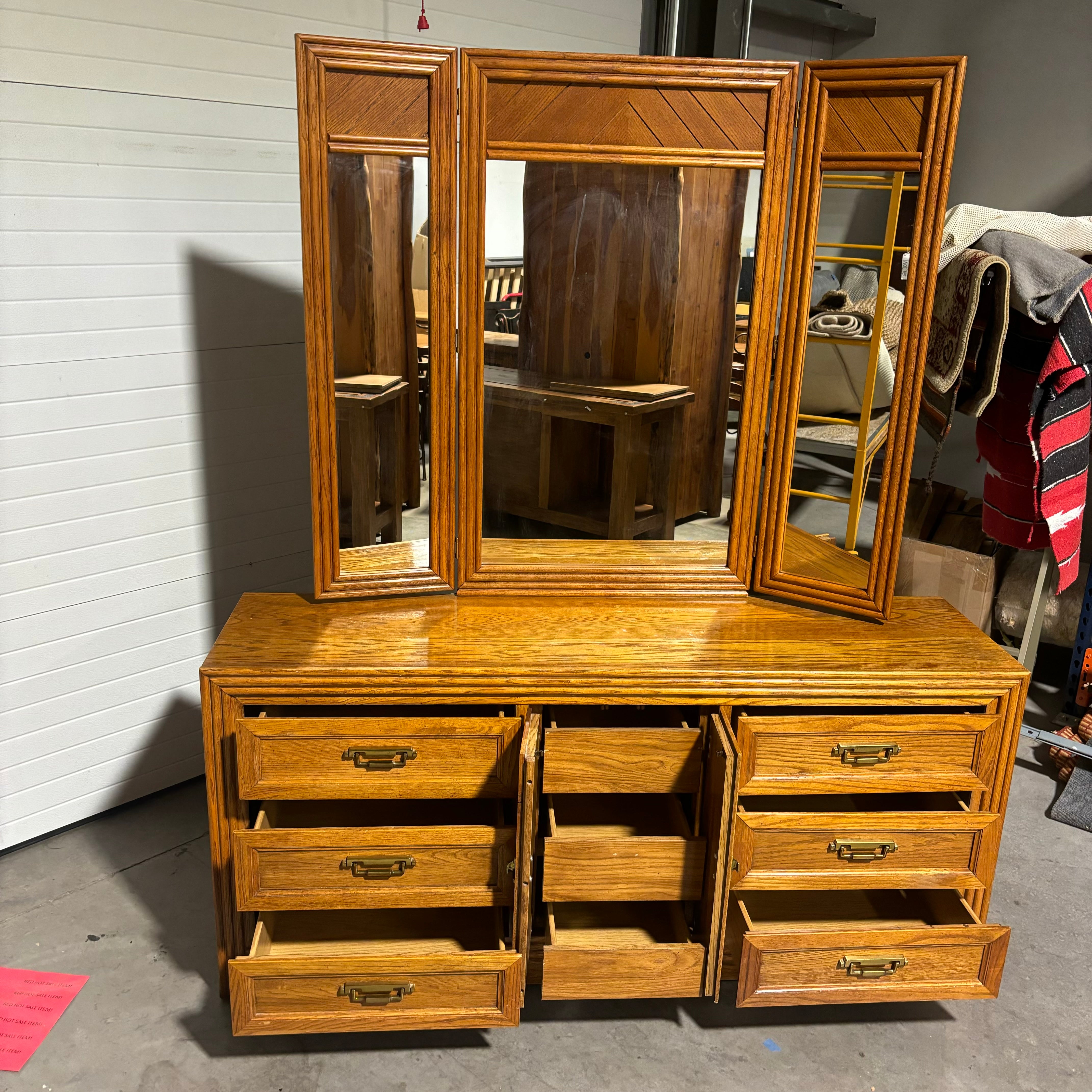 Lenoir House Finished Oak 9 Drawer with Mirror Dresser 66"x 18"x 30.5"