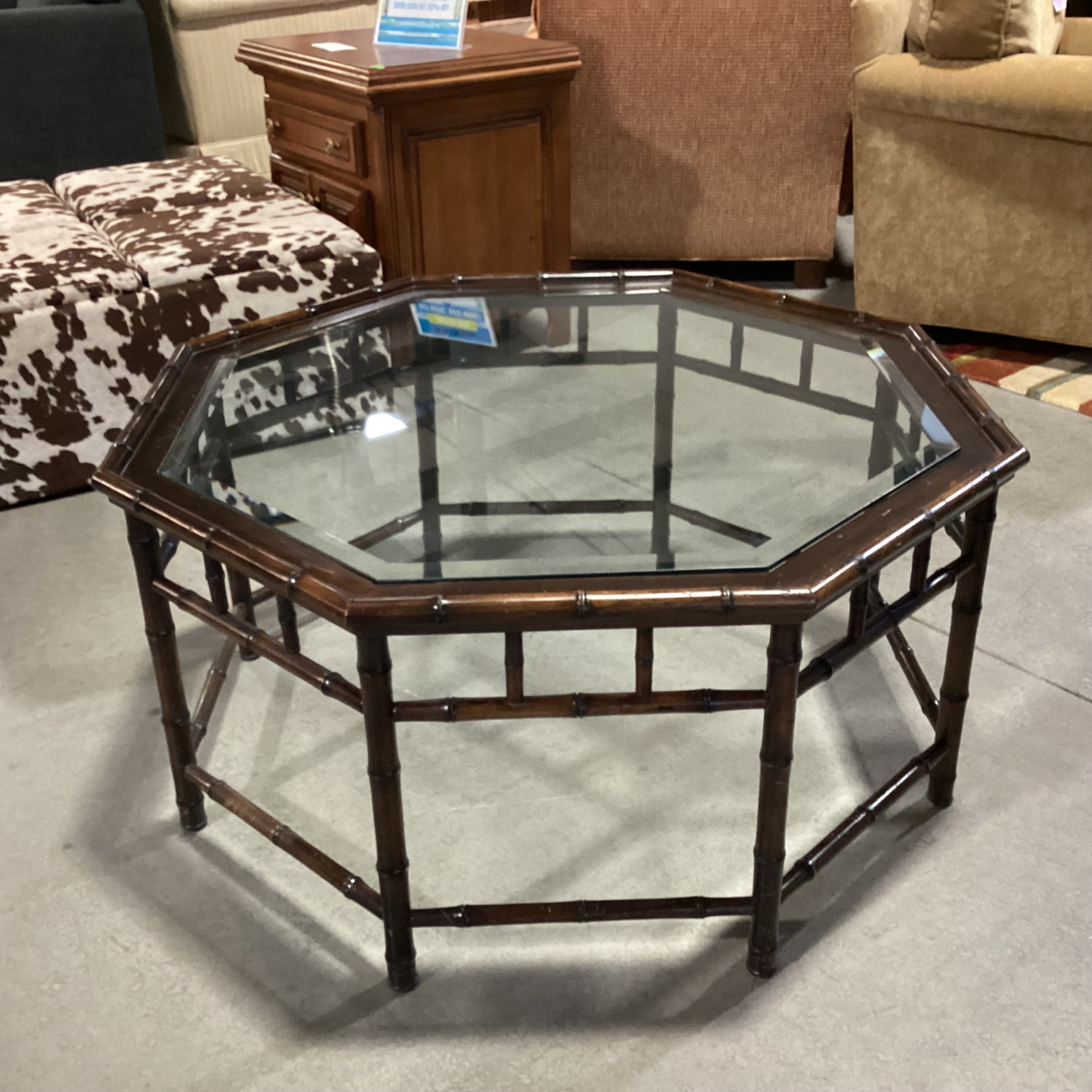 Vintage Hollywood Regency Bamboo Style Wood & Glass Octagonal Coffee Table 40.5"x 40.5"x 20"
