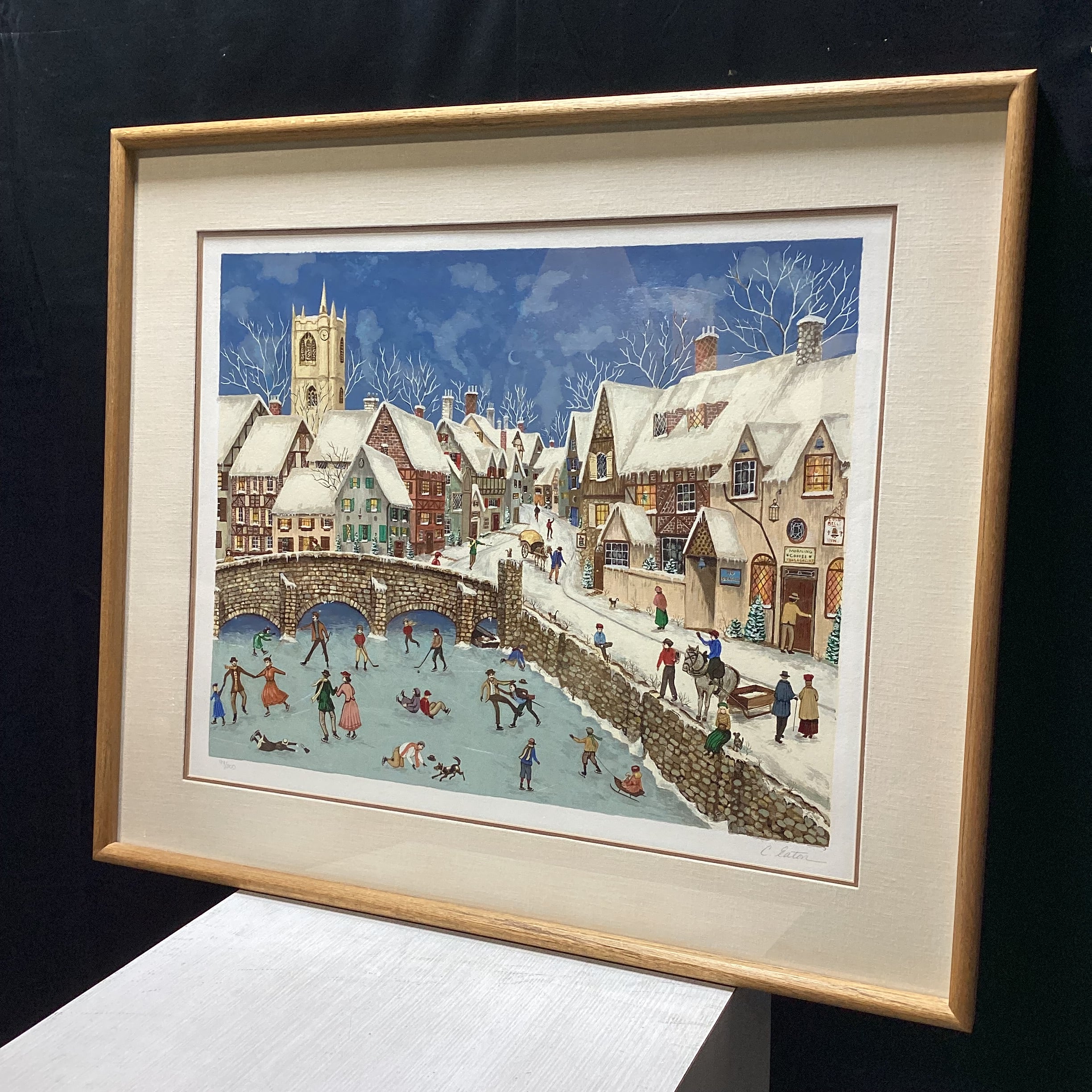 Vintage Catherine Eaton Signed Limited Edition "Winter Village Scene" Framed Serigraph Print 35" x 30"