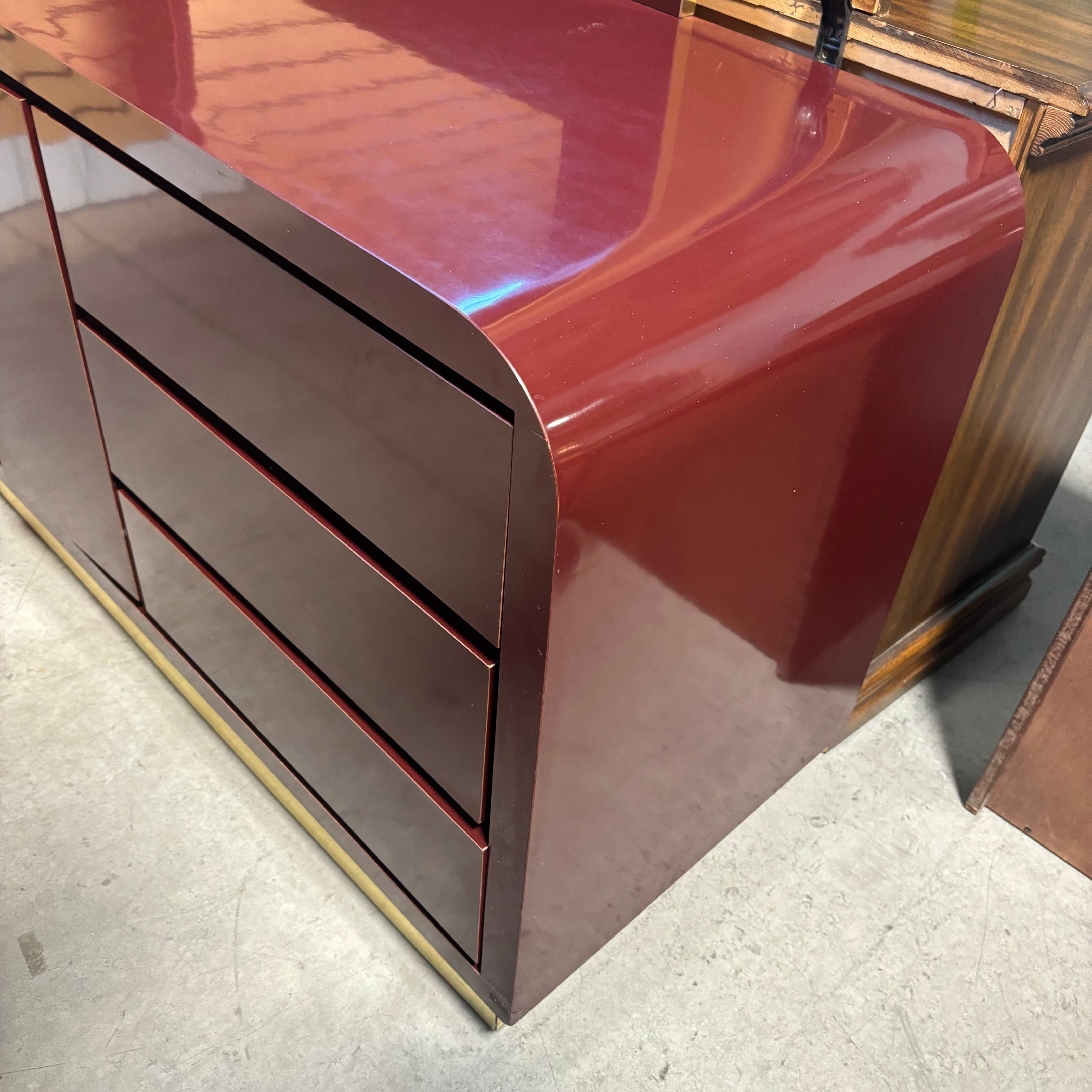Maroon Lacquer Finish & Brass Finish Base 6 Drawer 2 Door with Mirror Dresser 71"x 20"x 76"