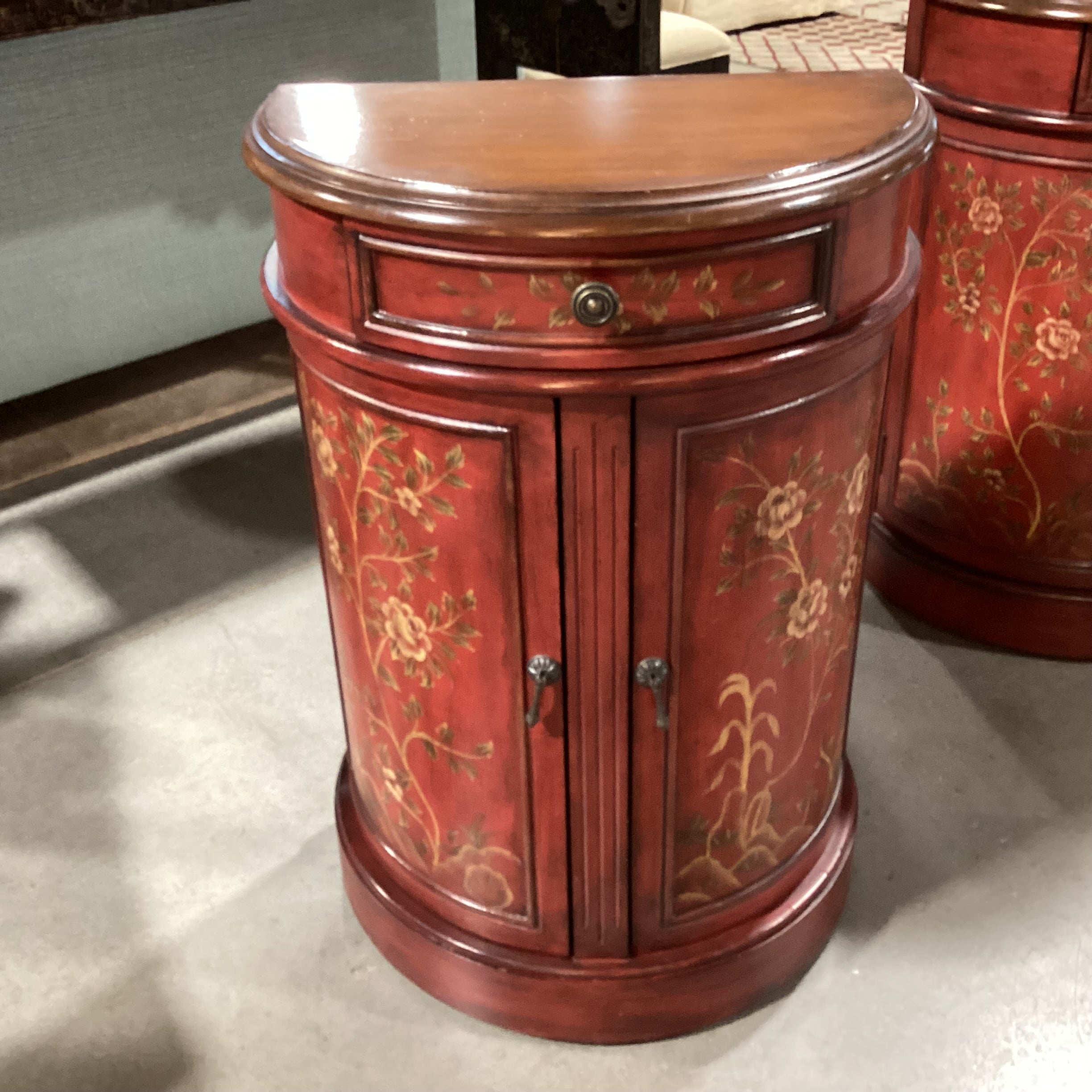 Antiqued Red Painted Floral 1 Drawer 2 Door Demilune Cabinet End Table 22"x 13"x 32.5"