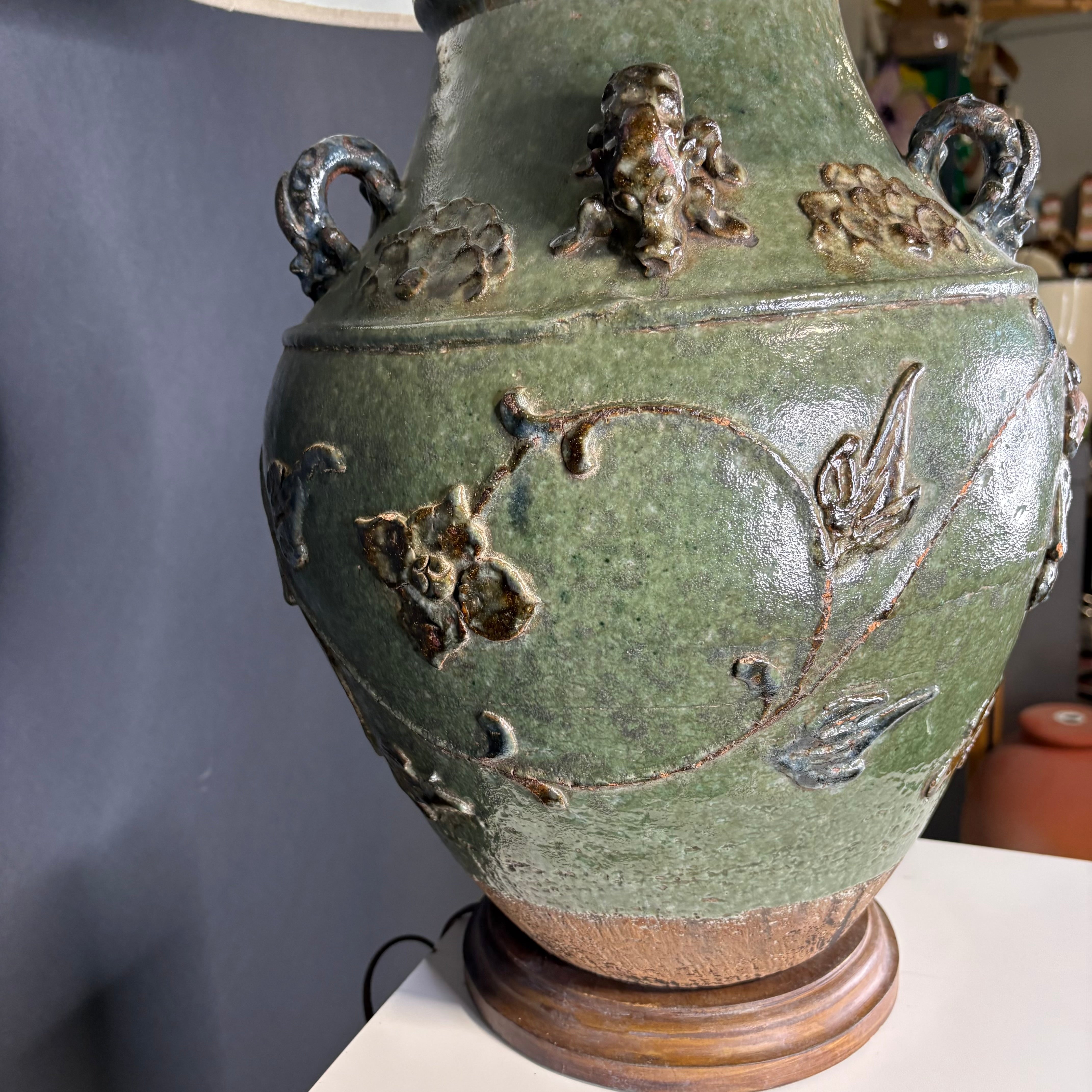 Oriental Ornate Green and Brown Glazed Ceramic Jug with Shade Table Lamp 18” Diameter @ Shade x 29”
