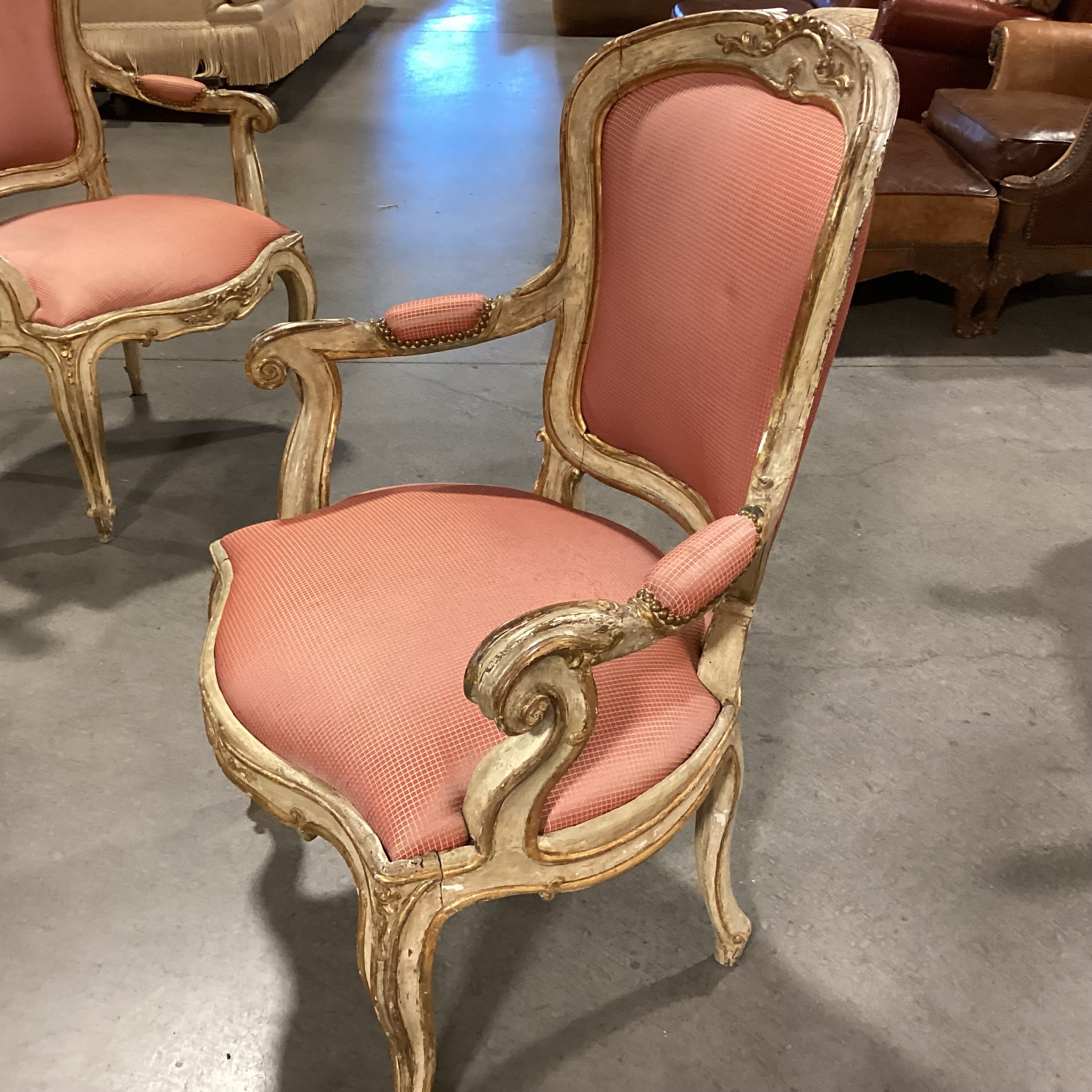 Antique French Provincial Ornate Carved Cream Gold Wood Orange Gold Upholstered Chair 31"x 26"x 41"
