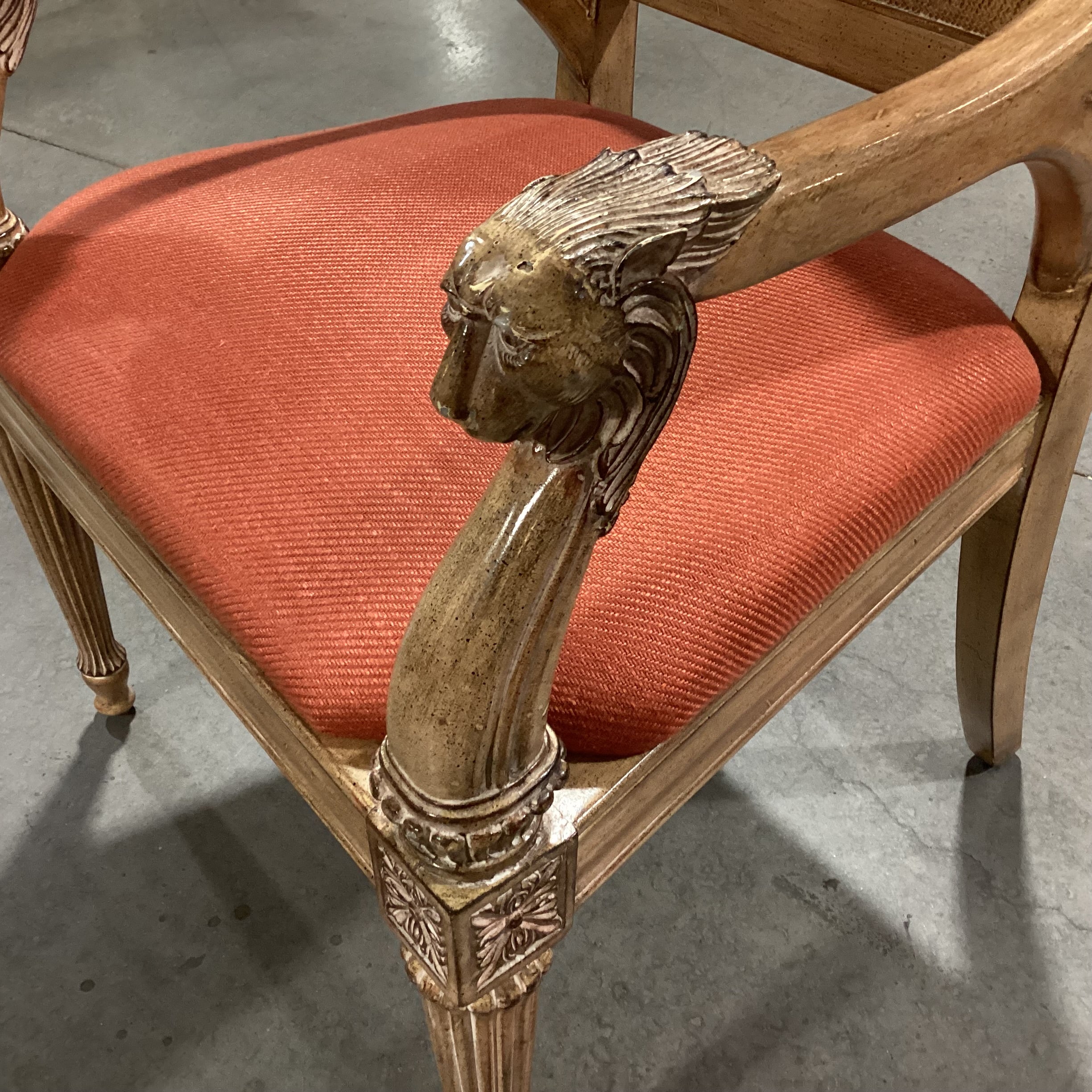 Carved Lionshead Antiqued Finish Wood Woven Leather & Burnt Orange Linen Chair 26"x 26"x 44"