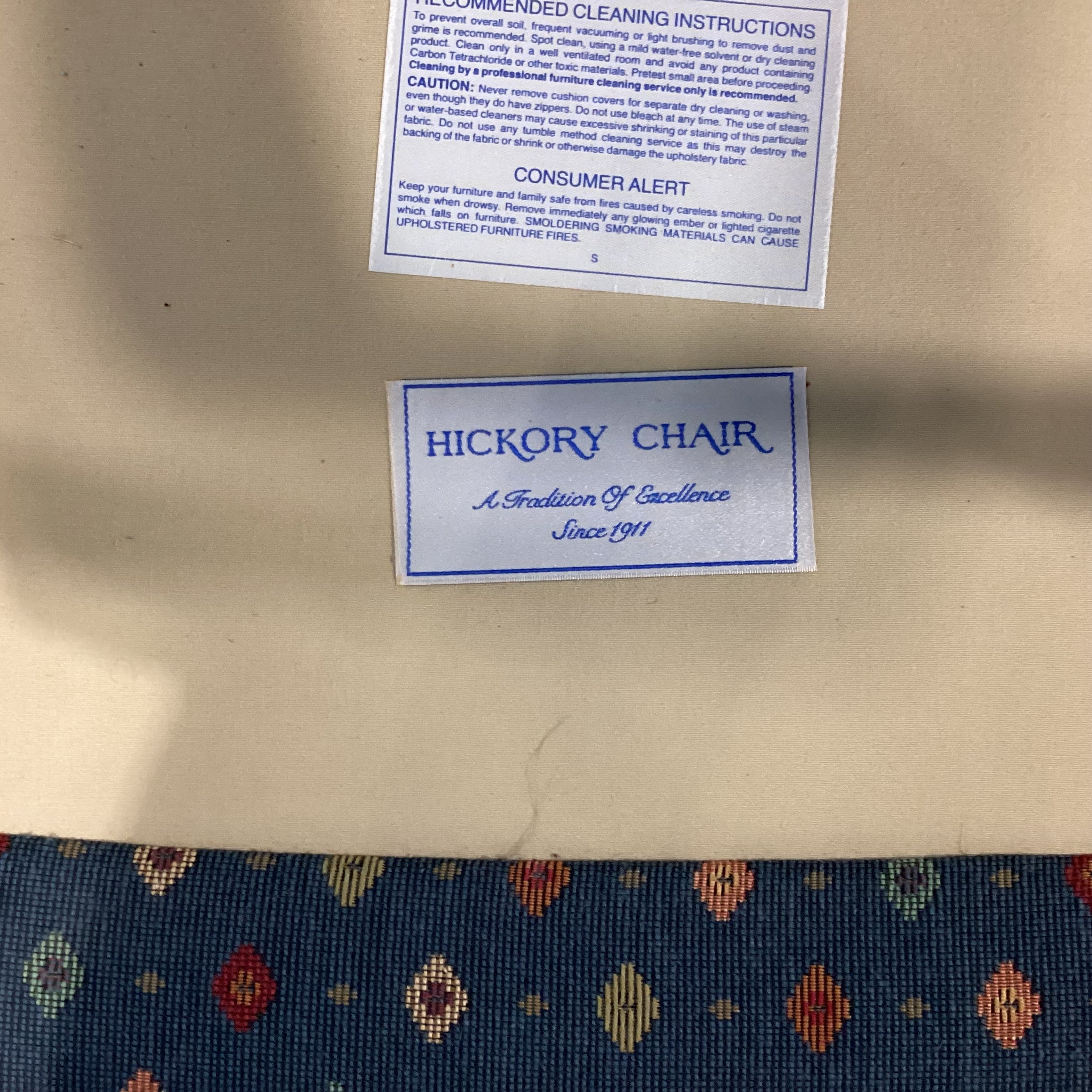 Hickory Chair NC Wood Ladder Back Blue Red Gold Diamond Pattern Upholstery Chair 27"x 26"x 44"