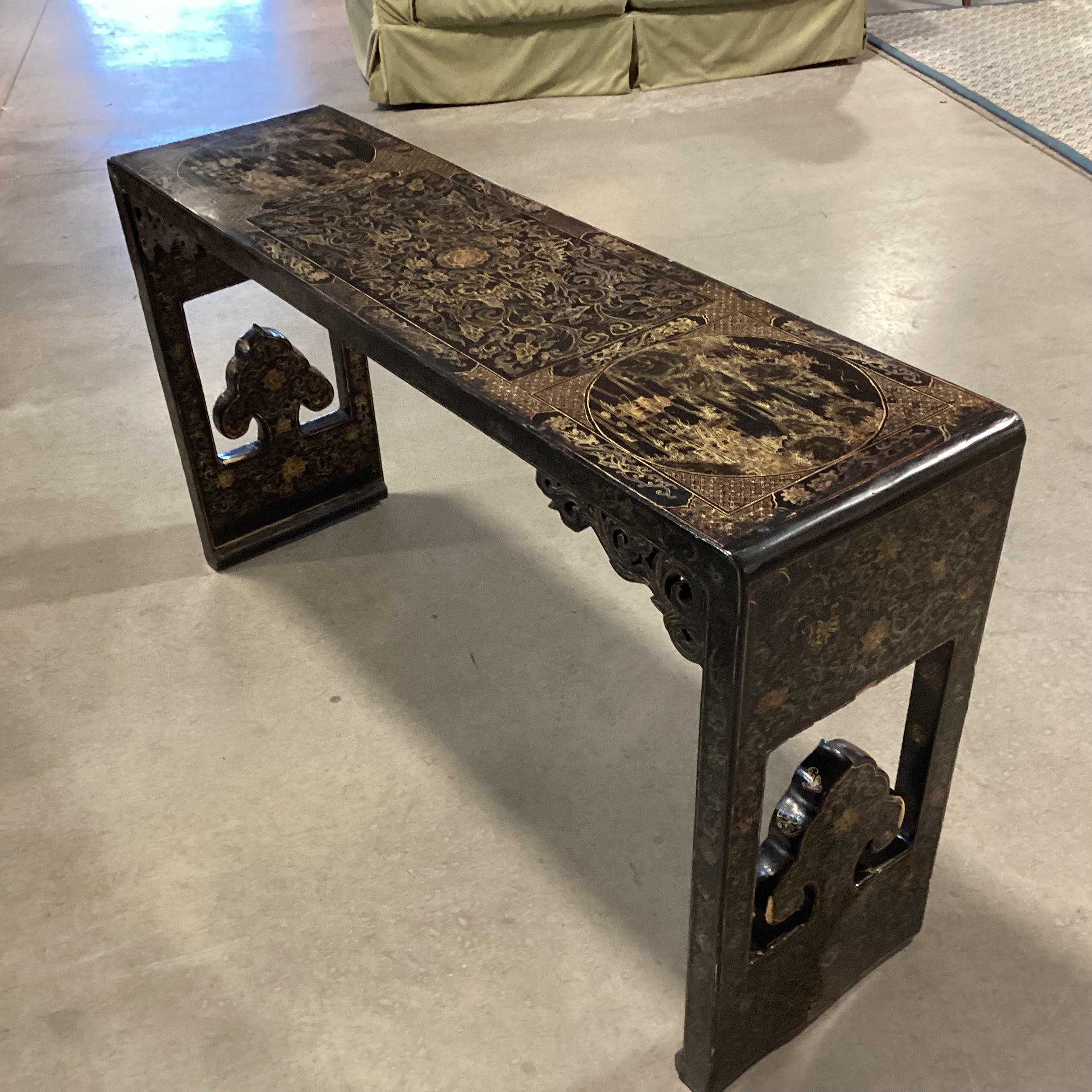 Vintage Chinoiserie Black Lacquer & Gold Hand Painted Console Sofa Table 61"x 16"x 34"