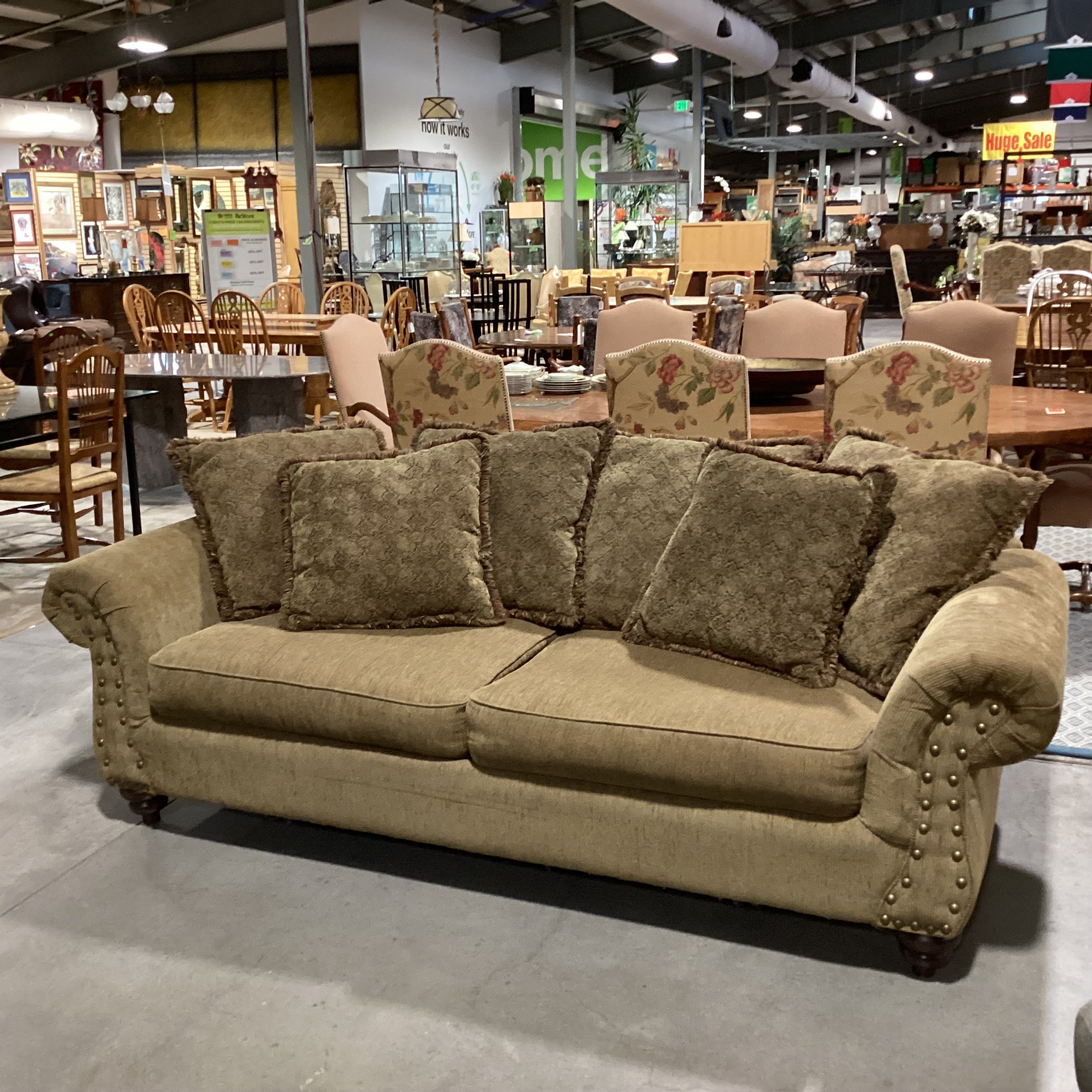 Olive Texture Ribbed & Nailhead with Reverse Multi Back Pillows Sofa 98"x 40"x 30"