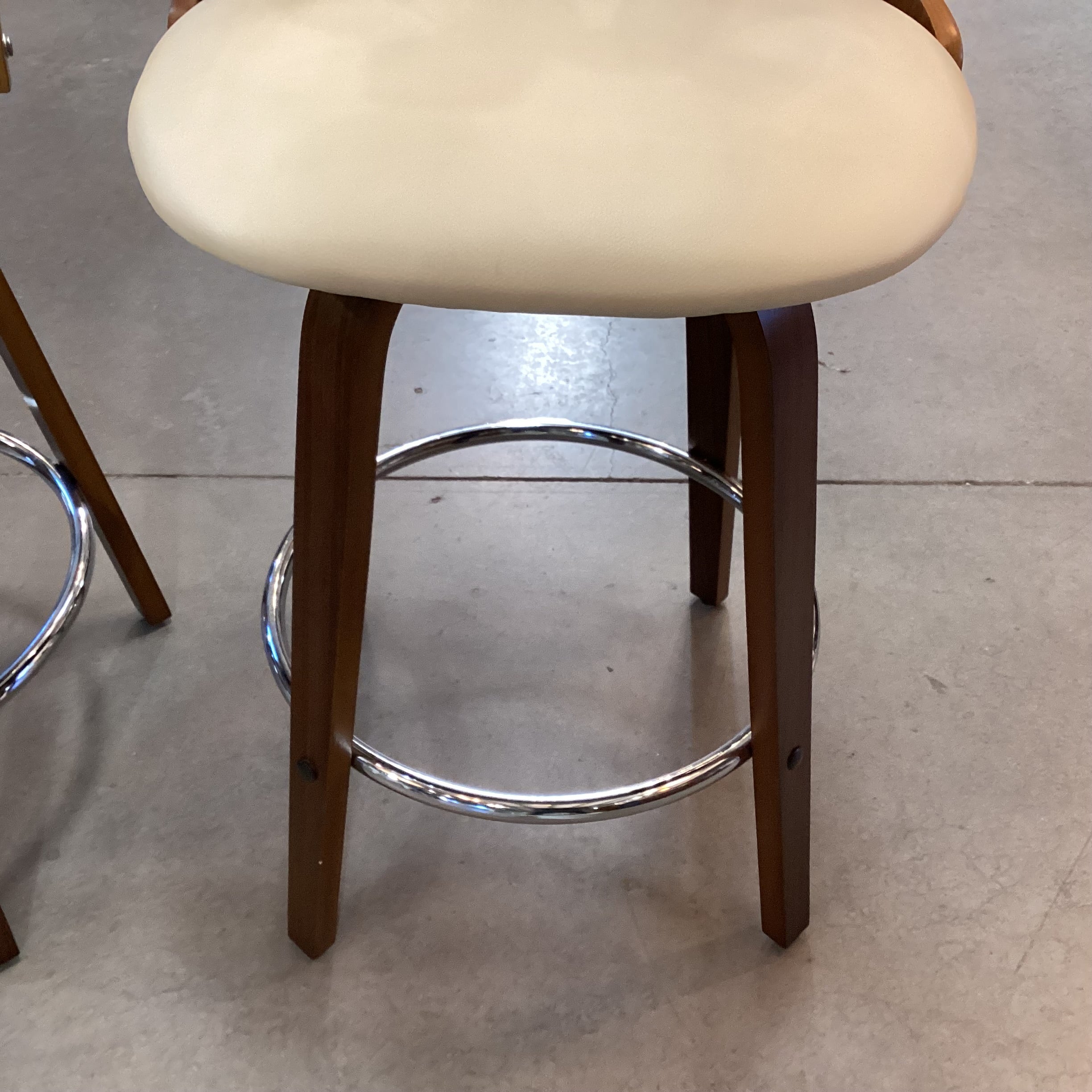 SET of 2 Lumisource Gardenia Mid Century Style Faux Cream Leather & Wood Barstools 25"