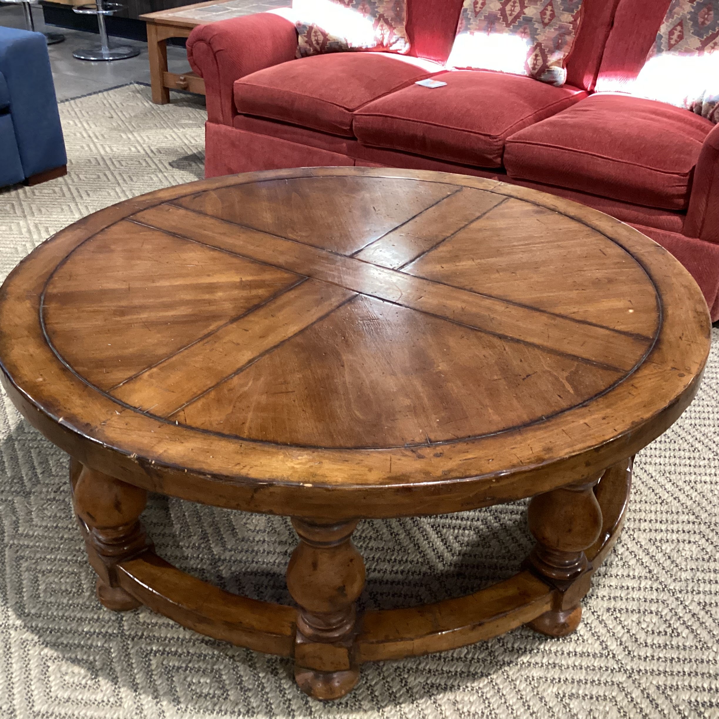 Round Carved Distressed Finish Wood Coffee Table 54" Diameter x 20"