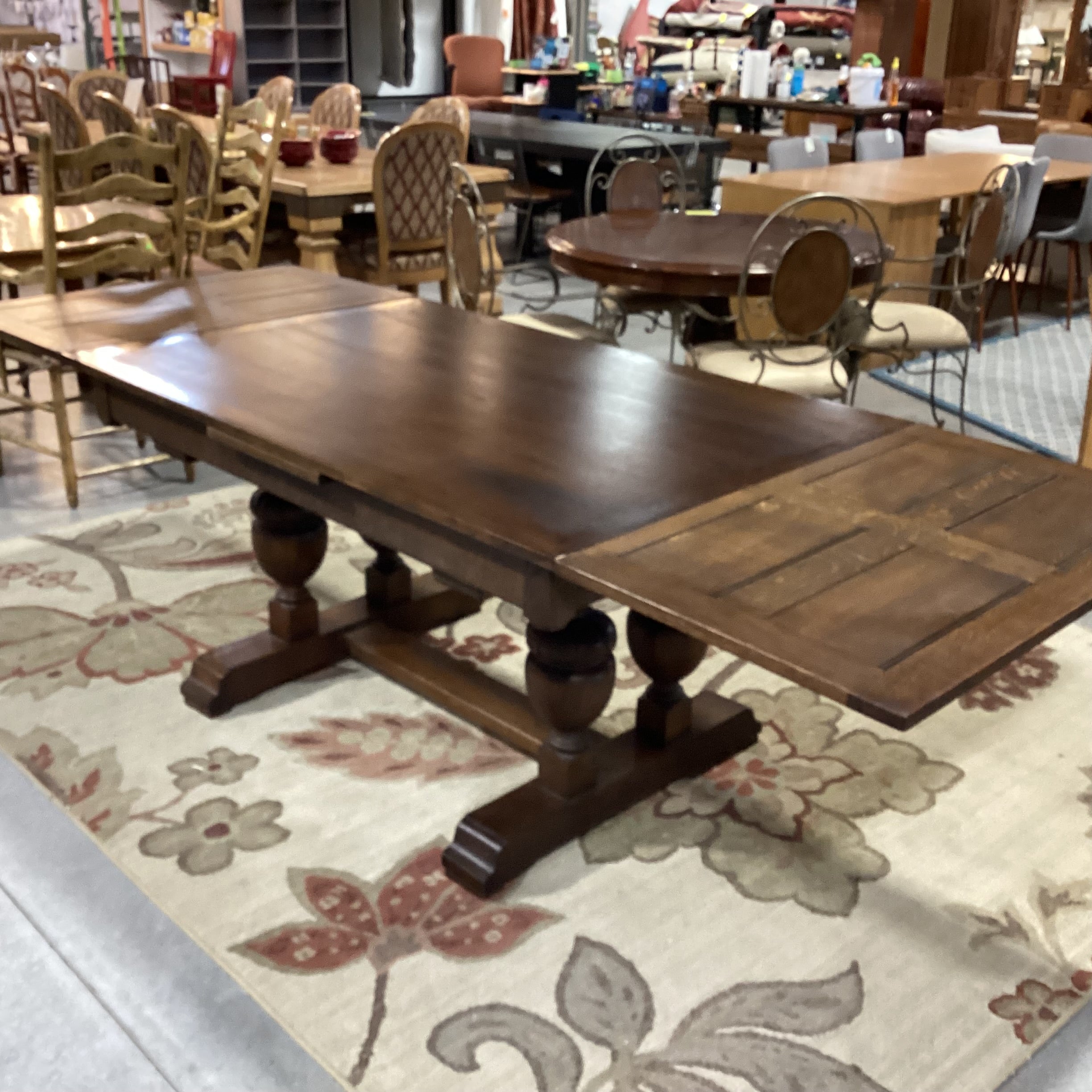 Antique Oak with Ornate Carved Trestle & 2 Extended End Leaves Dining Table 59" to 104"x 39"x 31"