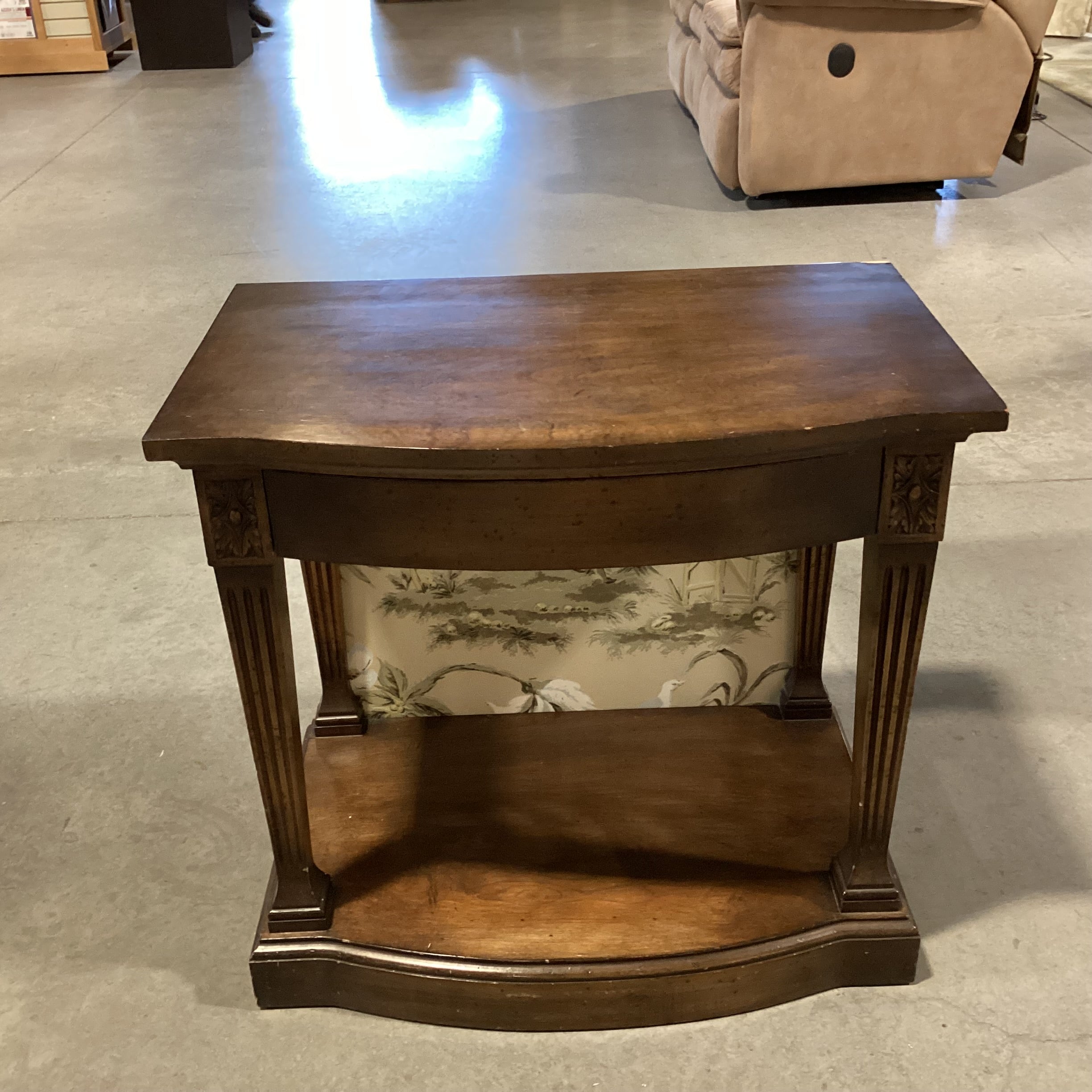 Vintage Finished Wood & Veneer with Fabric Back 1 Drawer End Table 28"x 18"x 26"