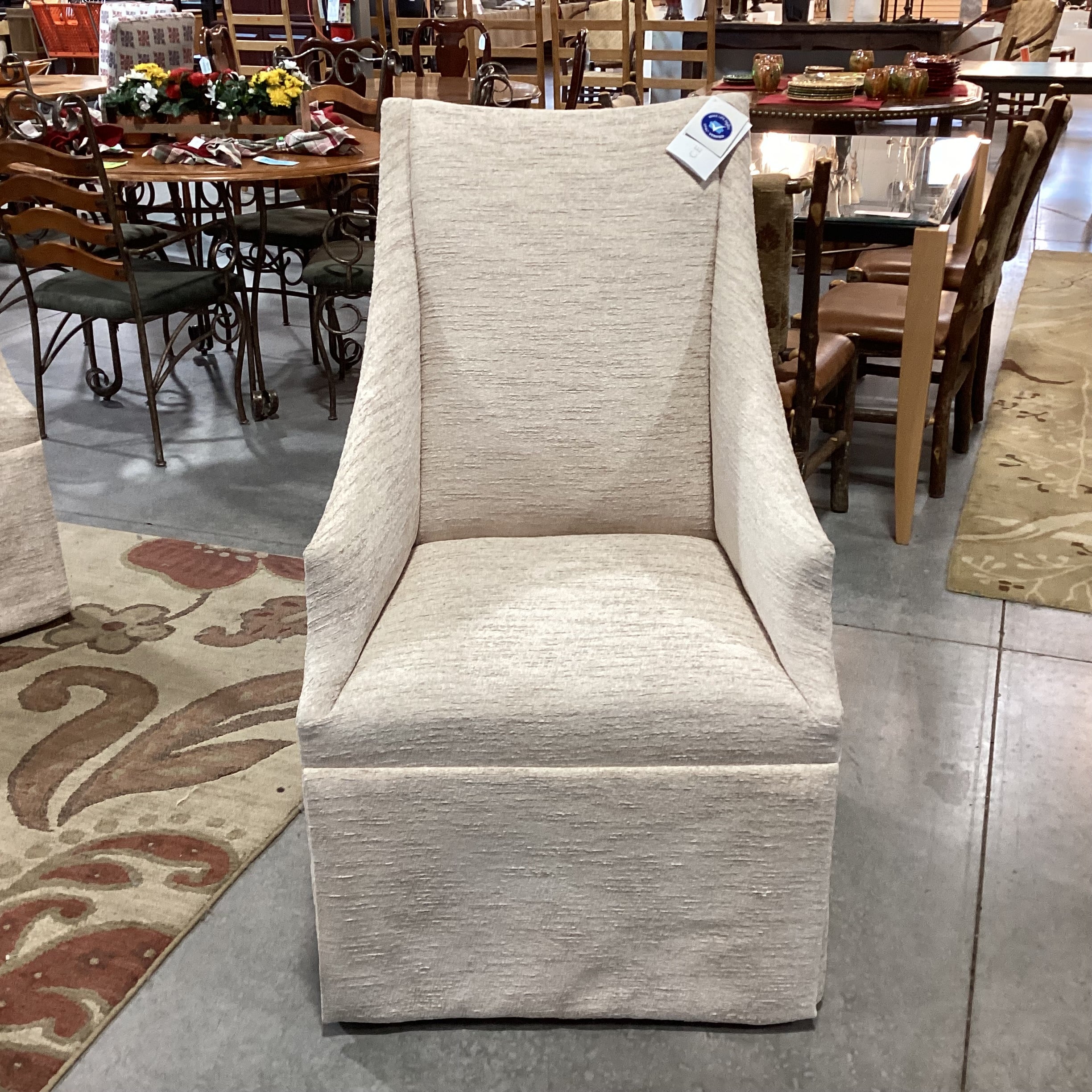 Custom Round Washed Wood & 5 Century Furniture Beige Cream Chenille Woven Slope Arm Chairs Dining Set 60" Diameter x 29"