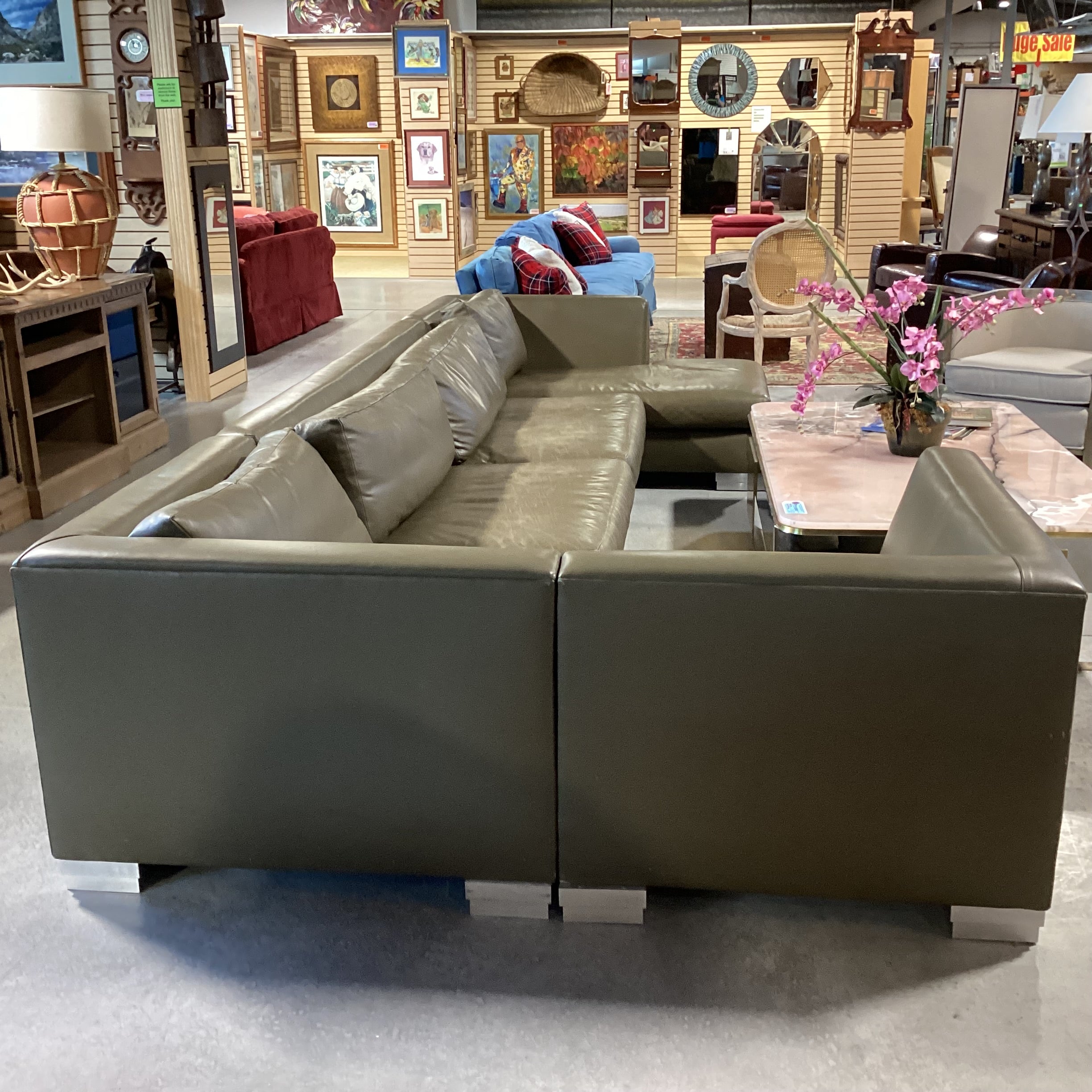 Modern Taupe Grey Leather Down Mix 4 Piece Sectional 76"x 162"x 62"x 40"x 28"