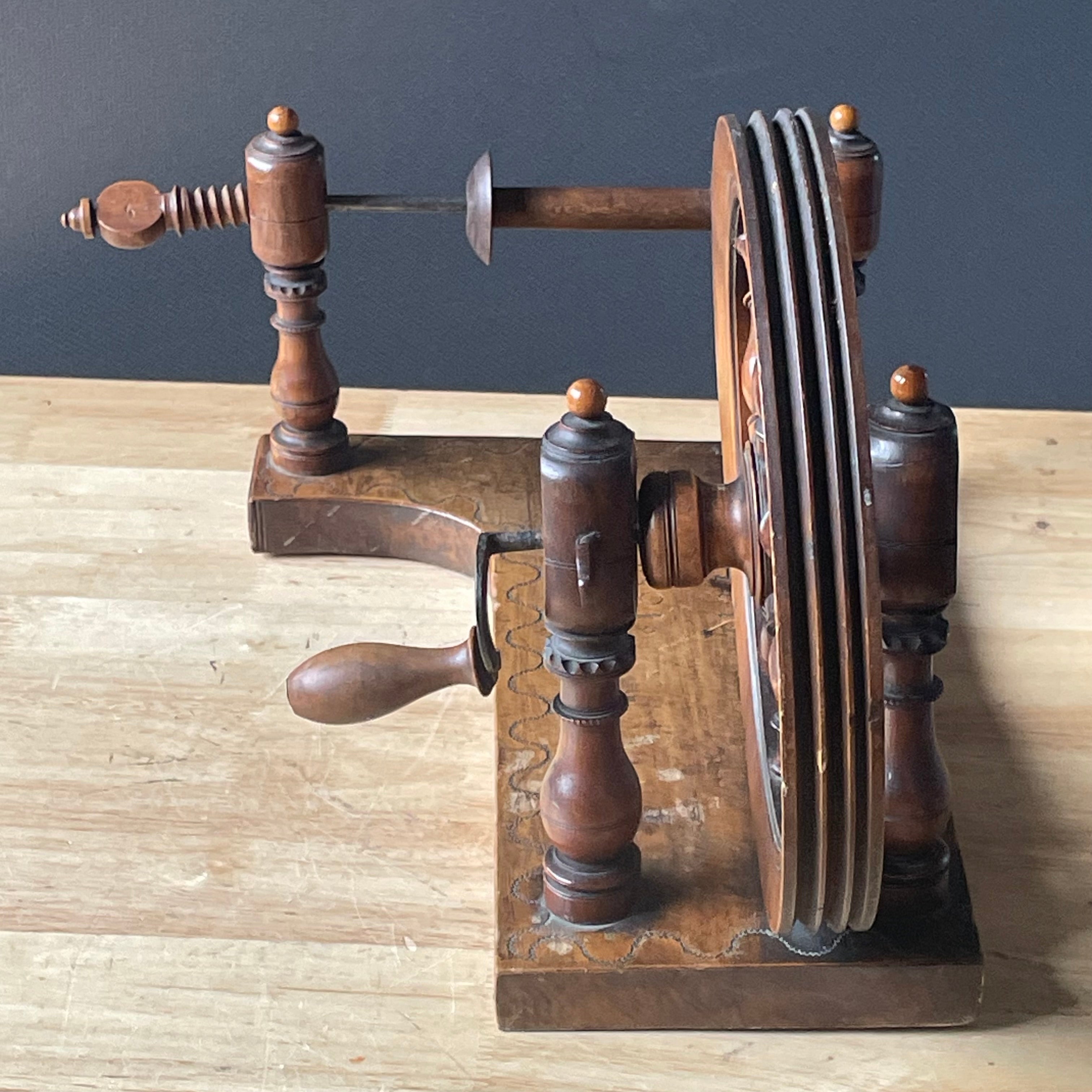 Antique 1821 Personalized Converted Wooden Tabletop Spinning Wheel, 16.5"x 9.25"x 10"