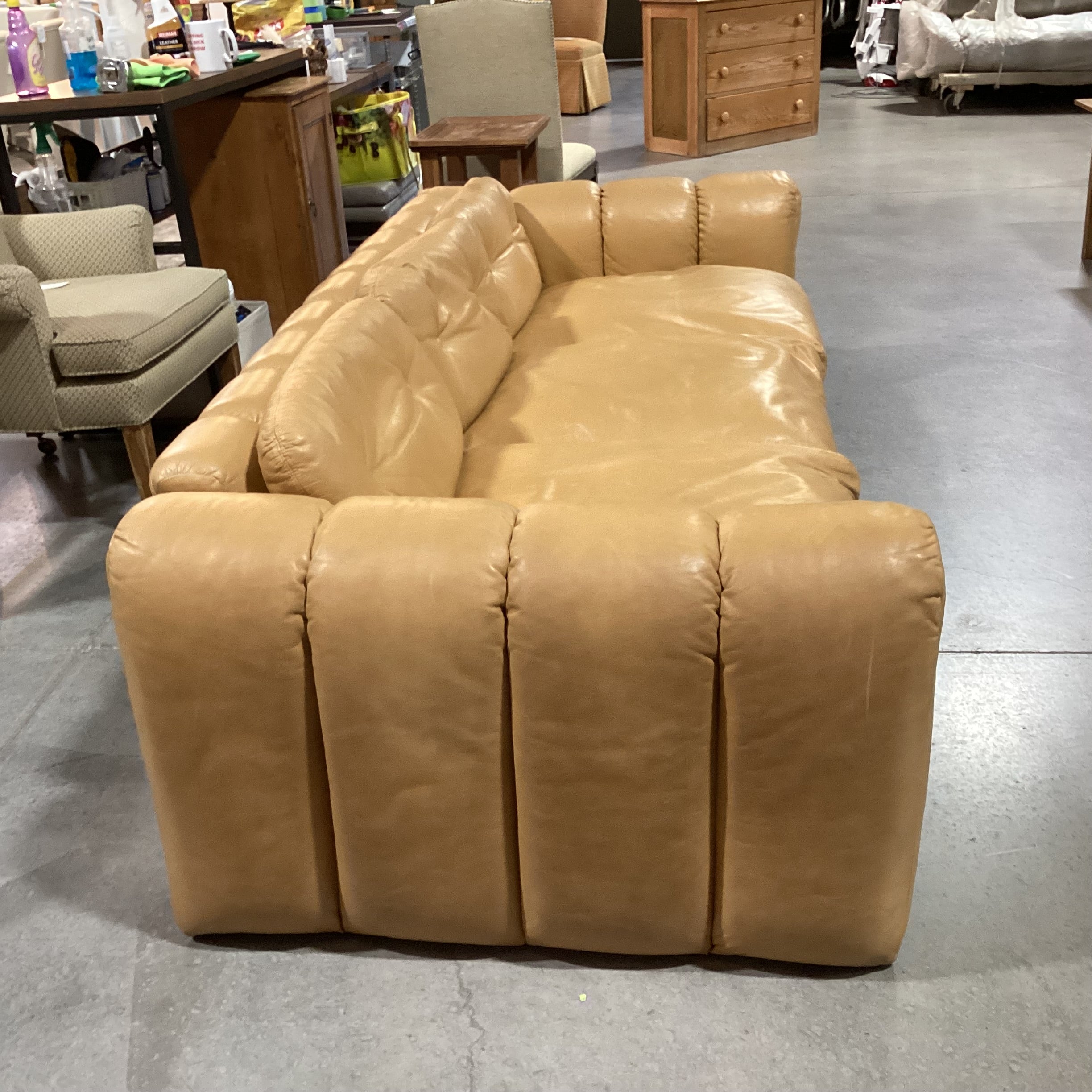 Interior Crafts Chicago Vintage Tan Leather Channel Ribbed Tufted Sofa 98"x 42"x 26"