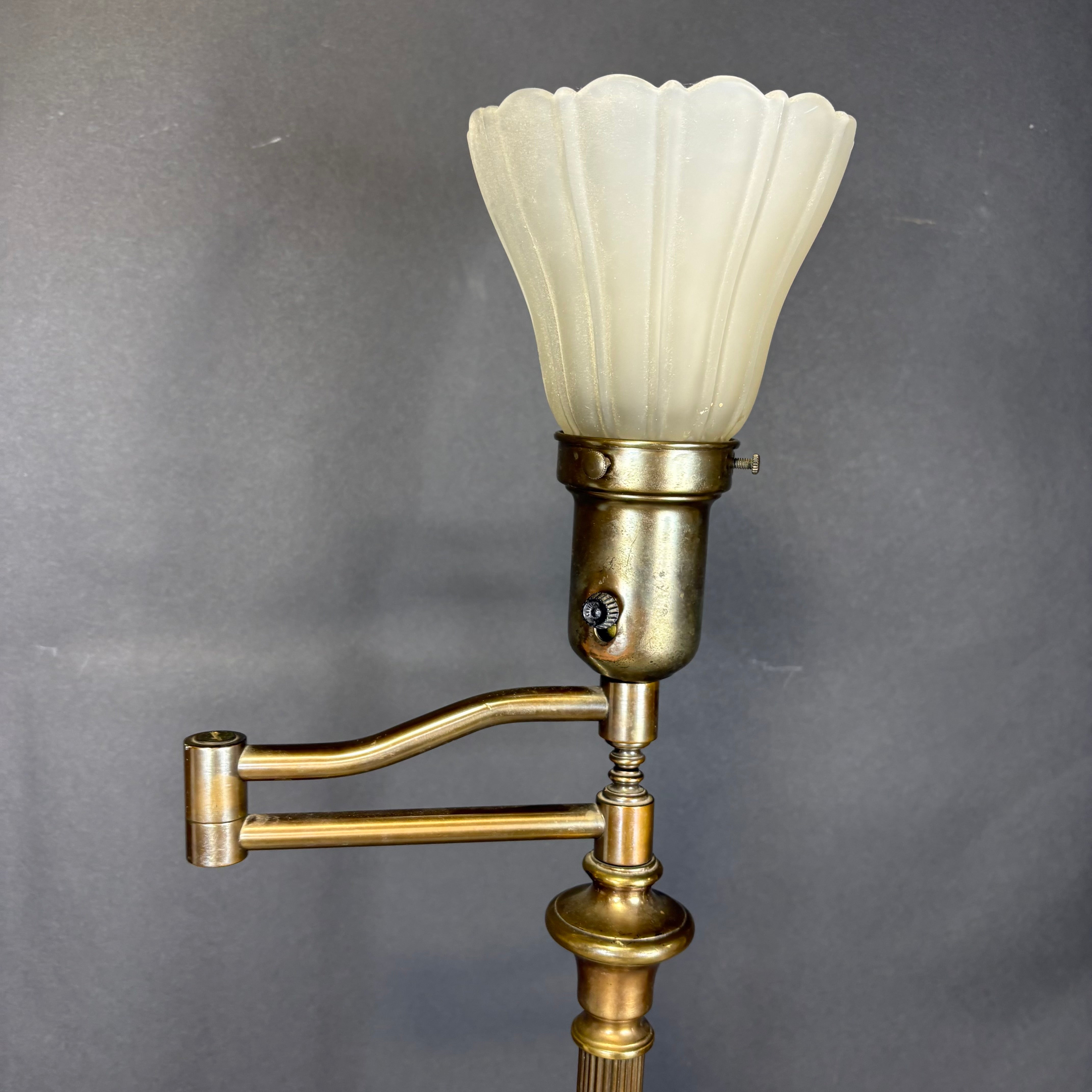 Antique Ornate Brass Swing Arm with Glass Shade Floor Lamp 11” Diameter x 53”