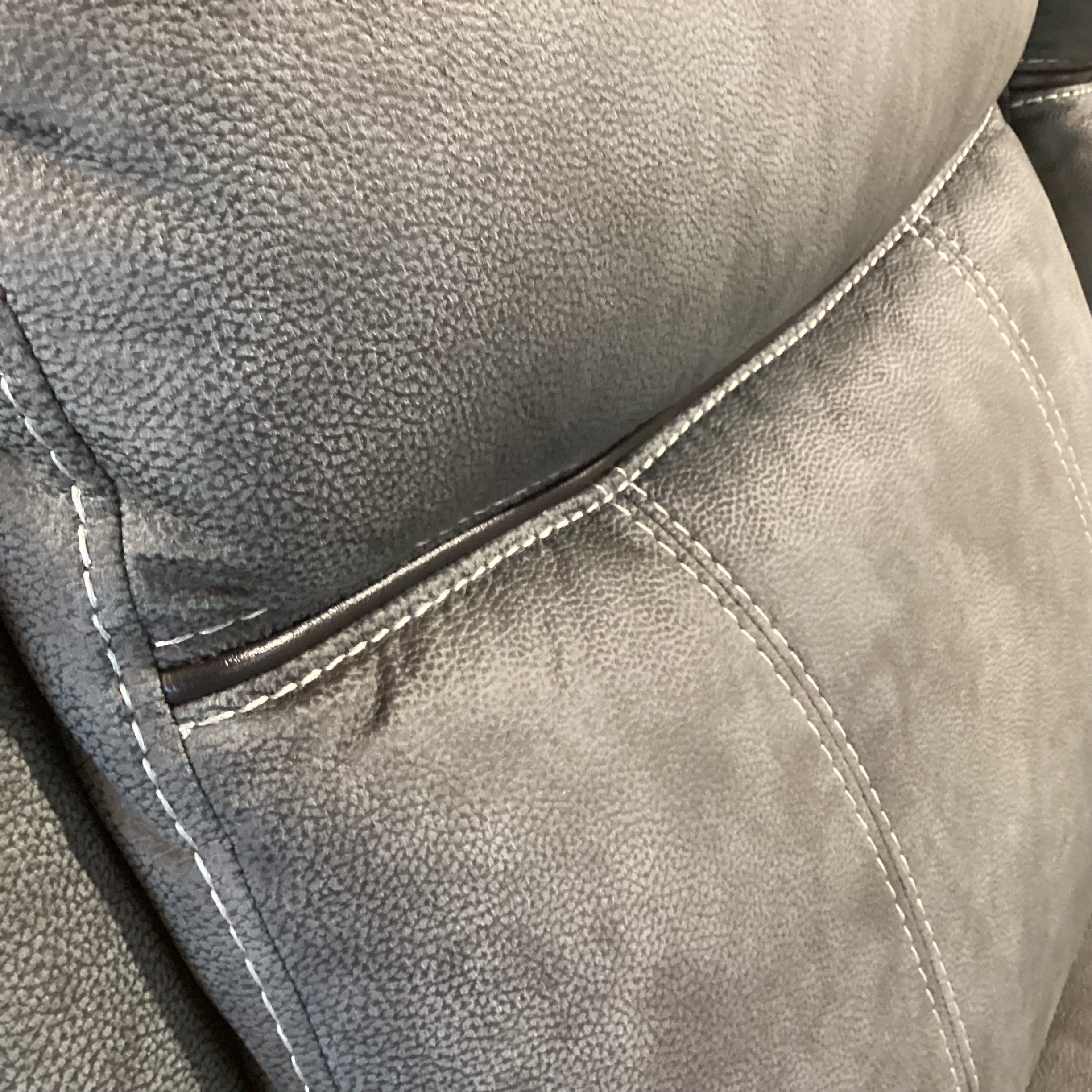 Textured Slate Grey Ultra Suede with Piping & Stitching Accent Double Recliner with Outlet Console Sofa 89"x 39" to 55"x 41"