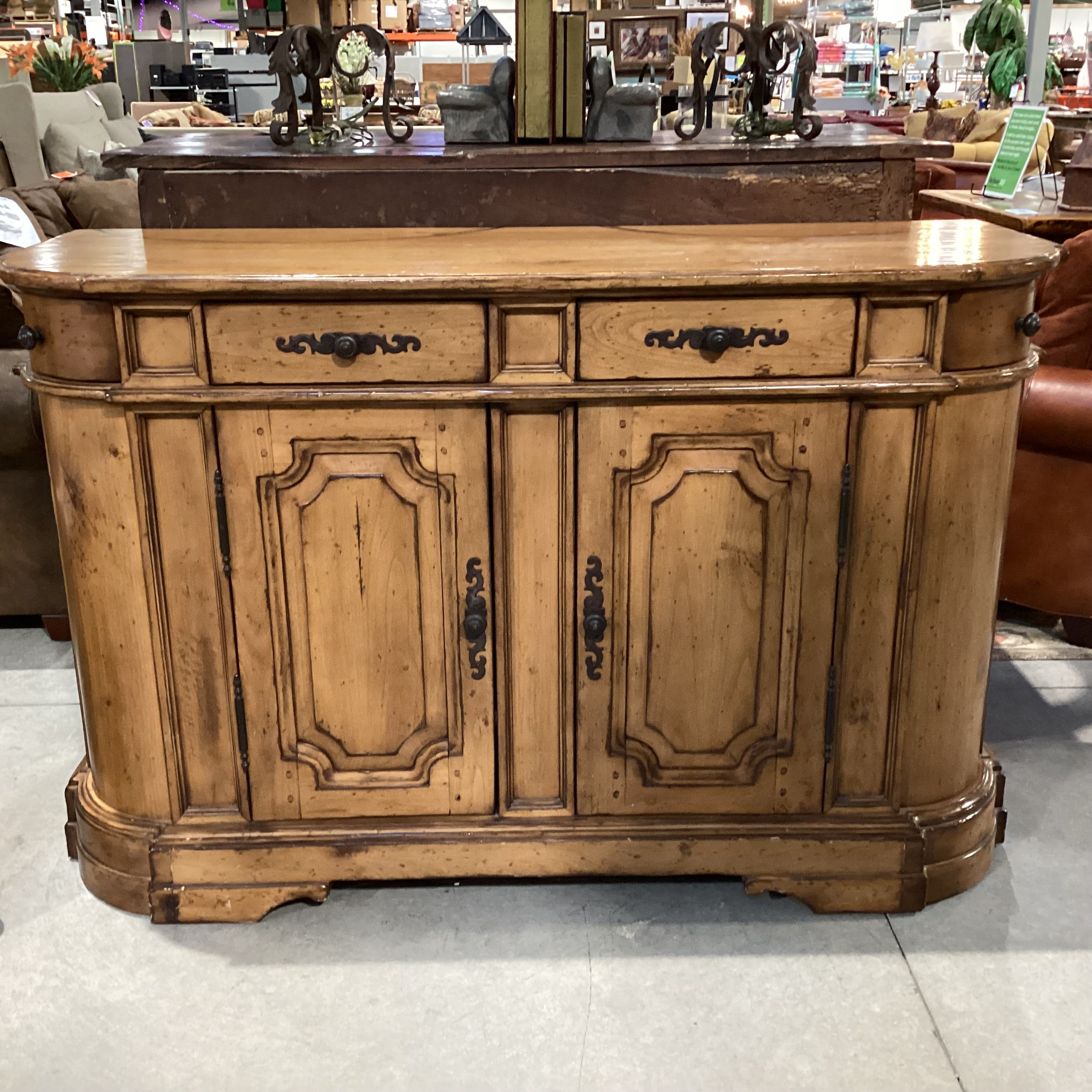Distressed Finish Carved Panel Details 4 Drawer Sideboard 60"x 22"x 38.5"