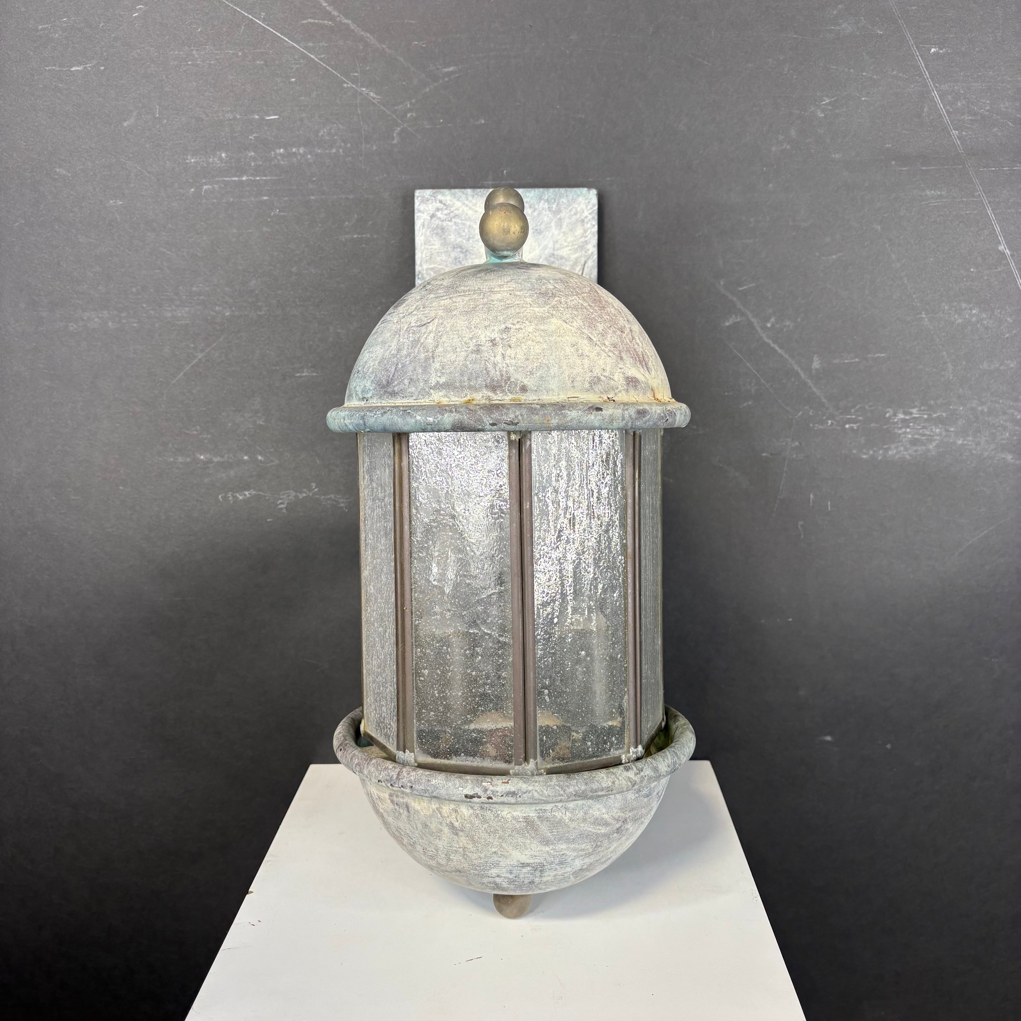 Rustic 2-Light Weathered Patina Iron and Glass Lantern Outdoor Wall Sconce 9”x 18”x 10”