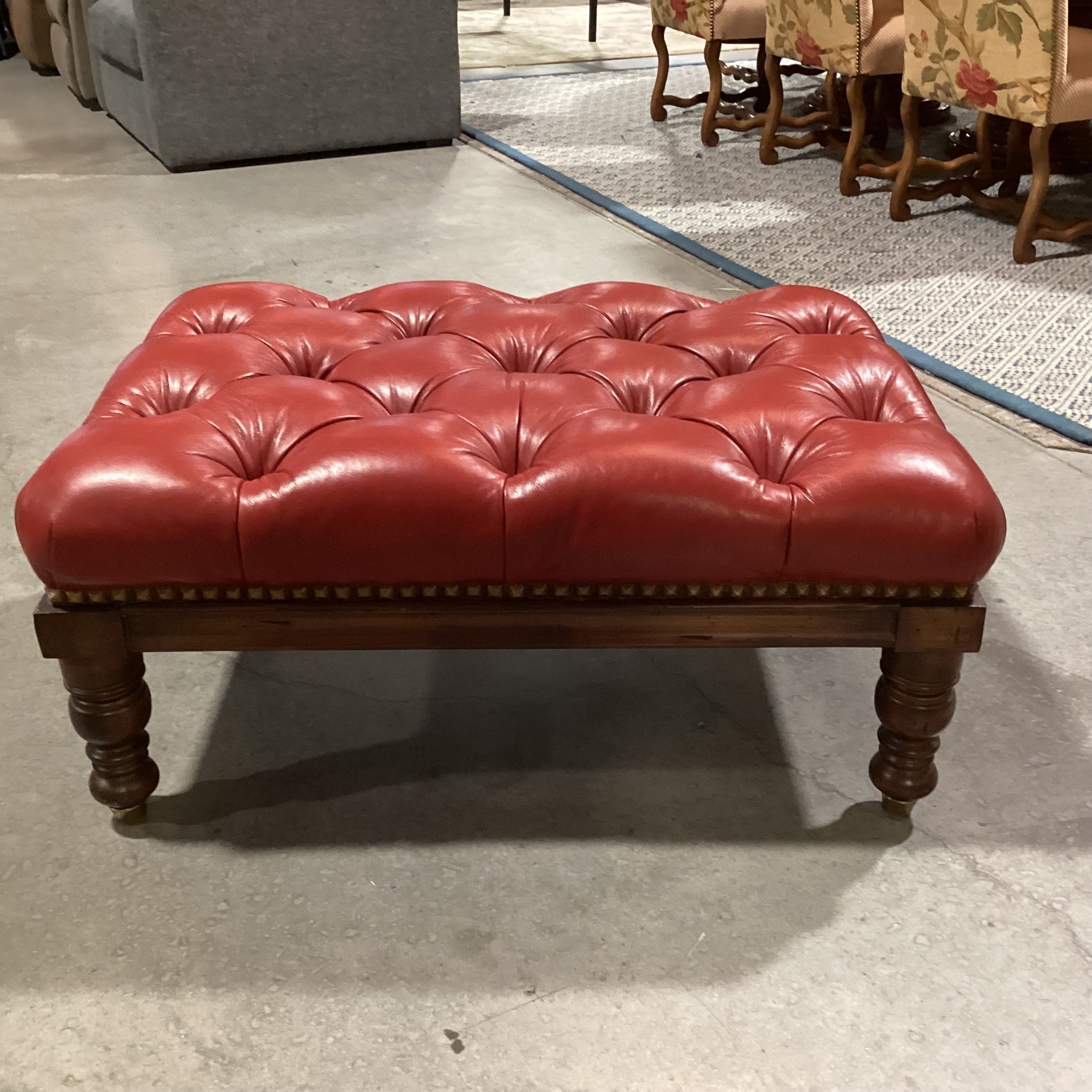Pearson Furniture Red Leather Tufted & Carved Wood Ottoman 39"x 28"x 18"