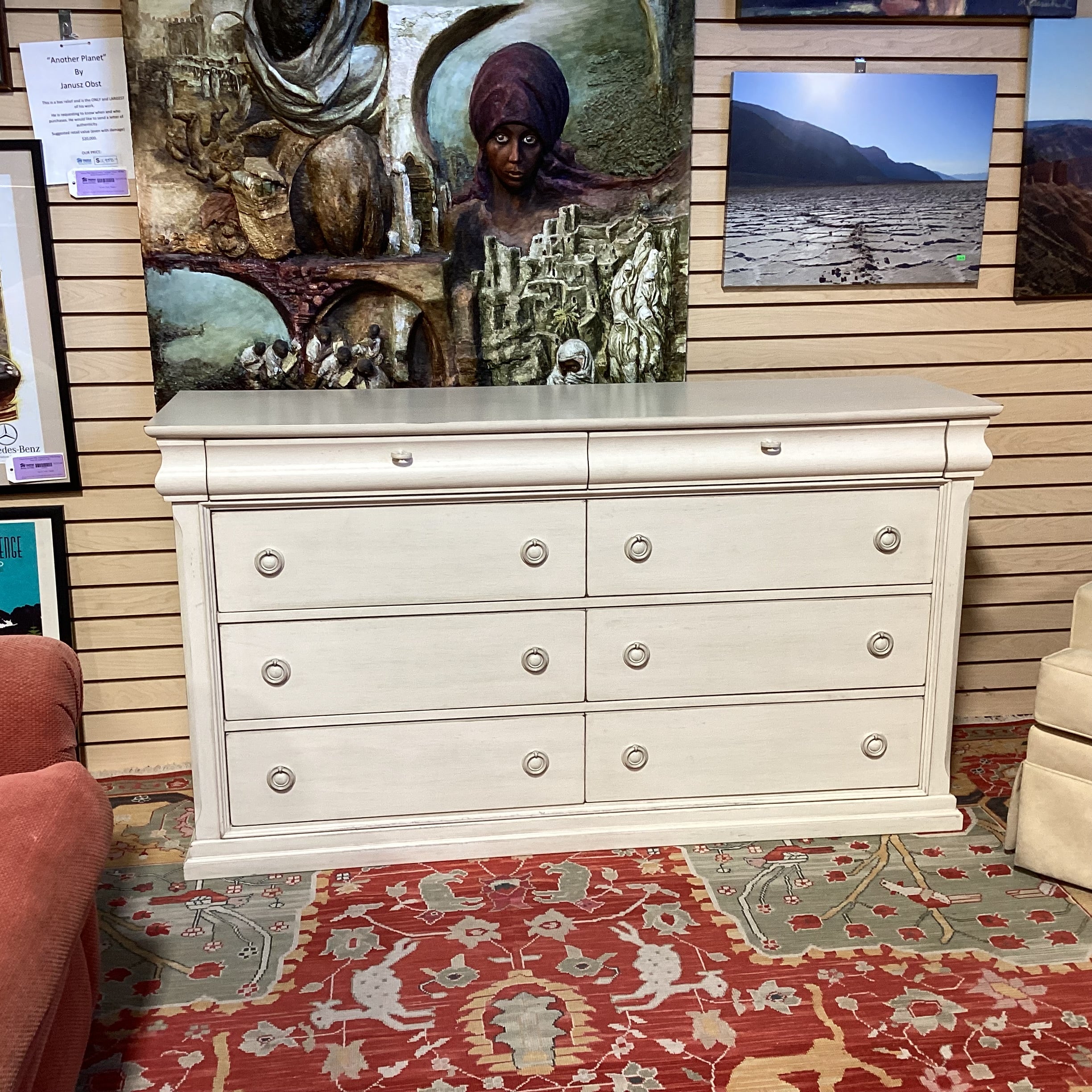 Liberty Furniture Antiqued Cream Wood 8 Drawer Dresser 64"x 18"x 36"