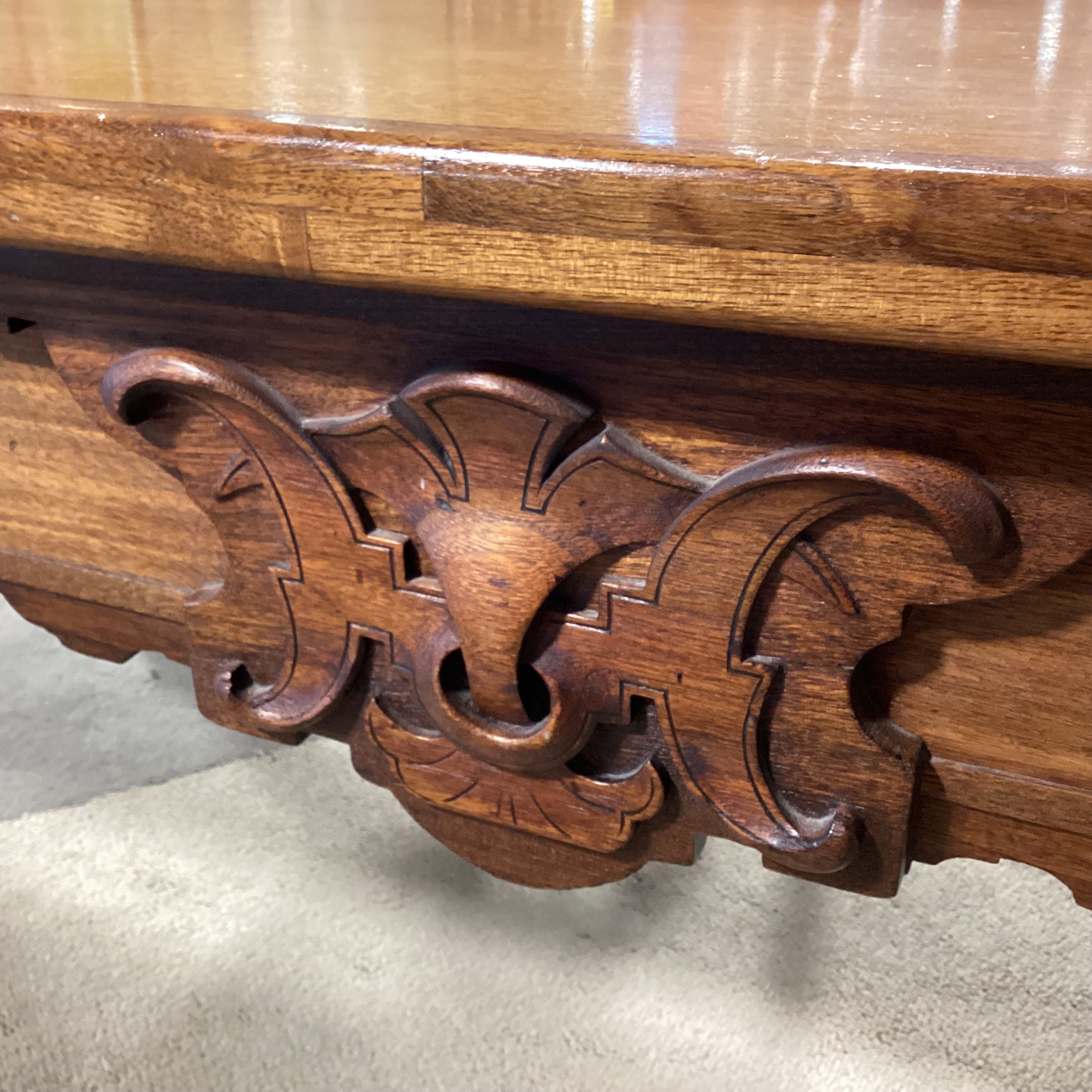 Antique Oak with Carved Detail on Casters Dining Table 98"x 42"x 32"