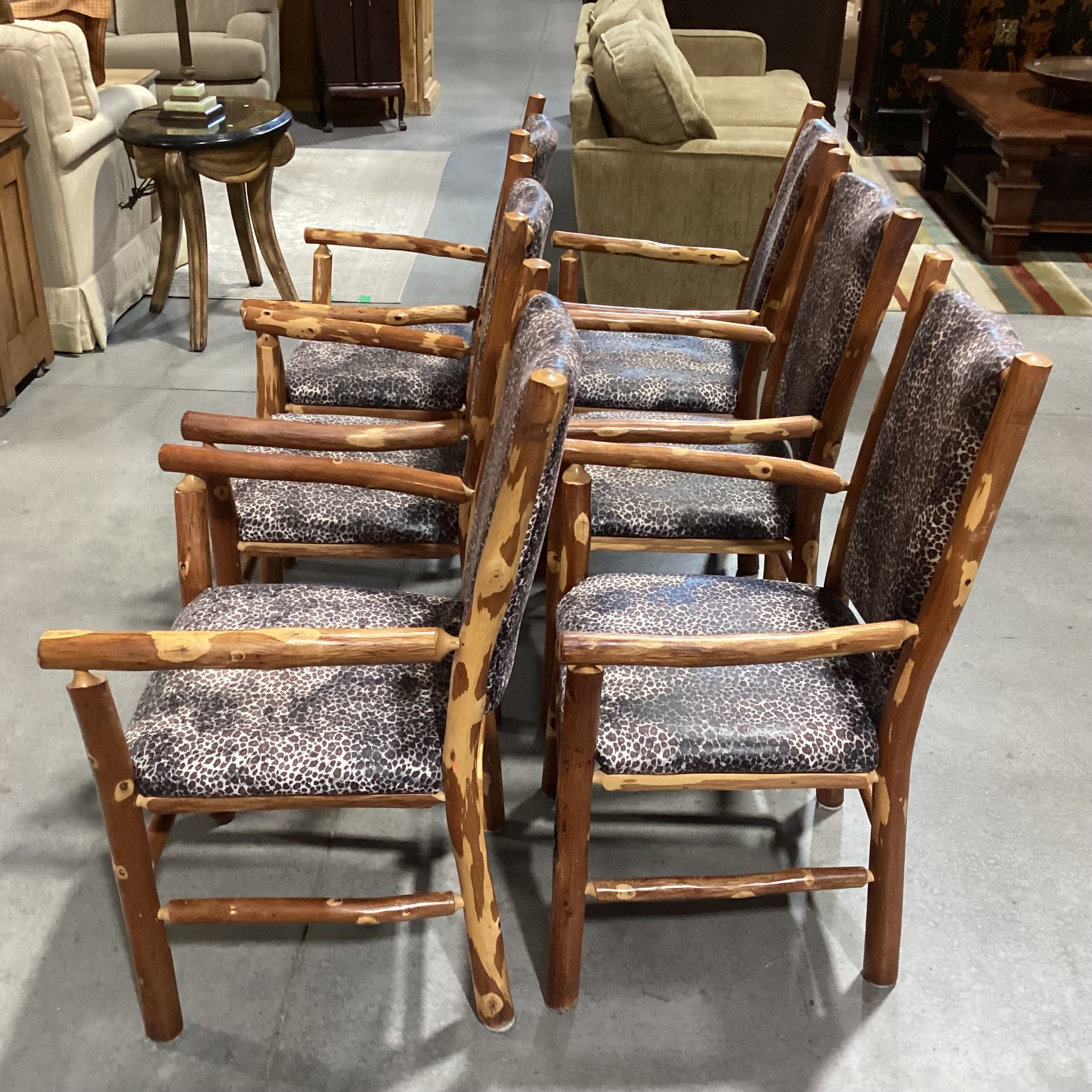 SET of 6 Peeled Style Log & Animal Print Armed Dining Chairs 24"x 24"x 39"