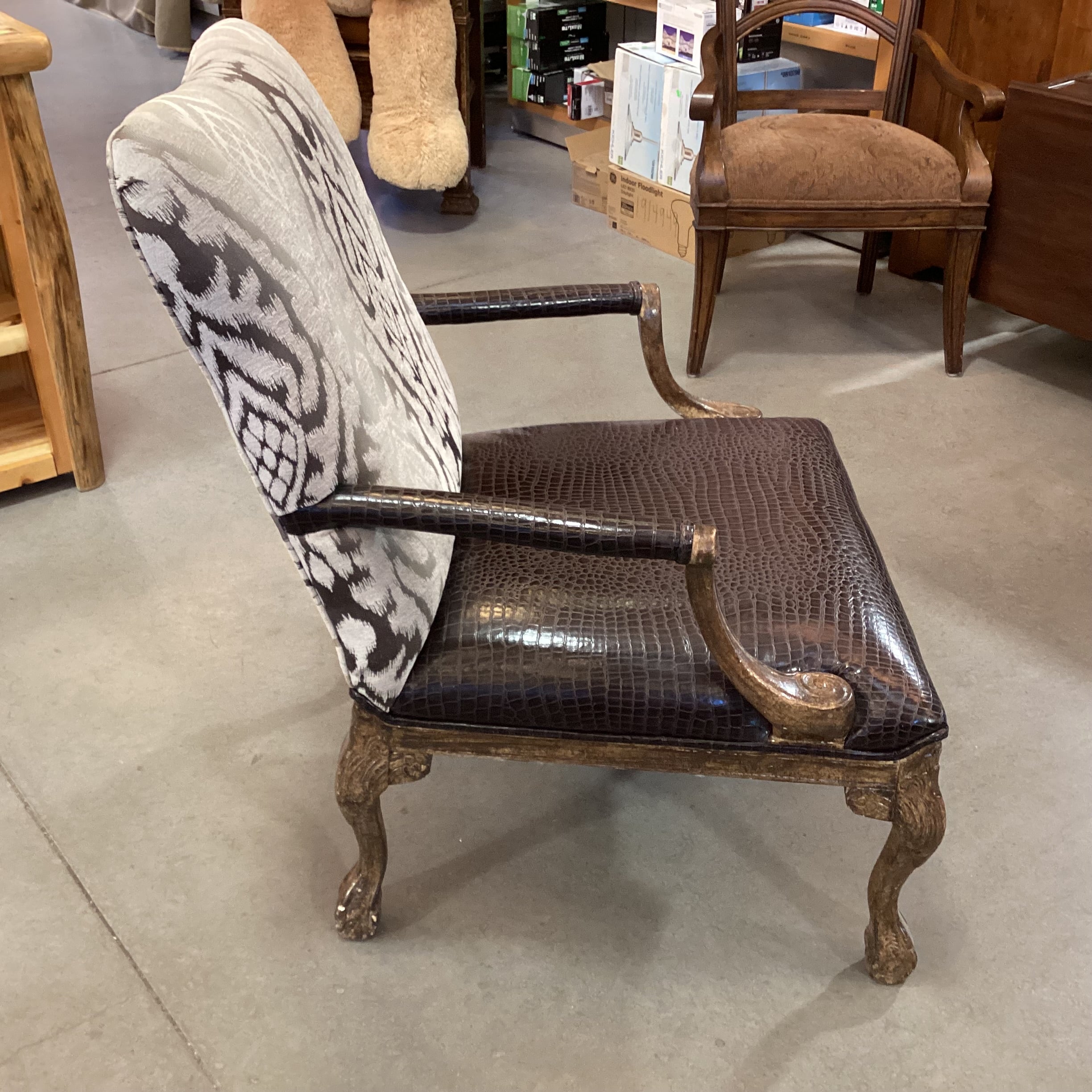 ARA Collection Croc Style Leather Raised Ivory Velvet & Brown Metallic Woven with Crackle Finish Claw & Ball Carved Wood Chair 29"x 32"x 39"