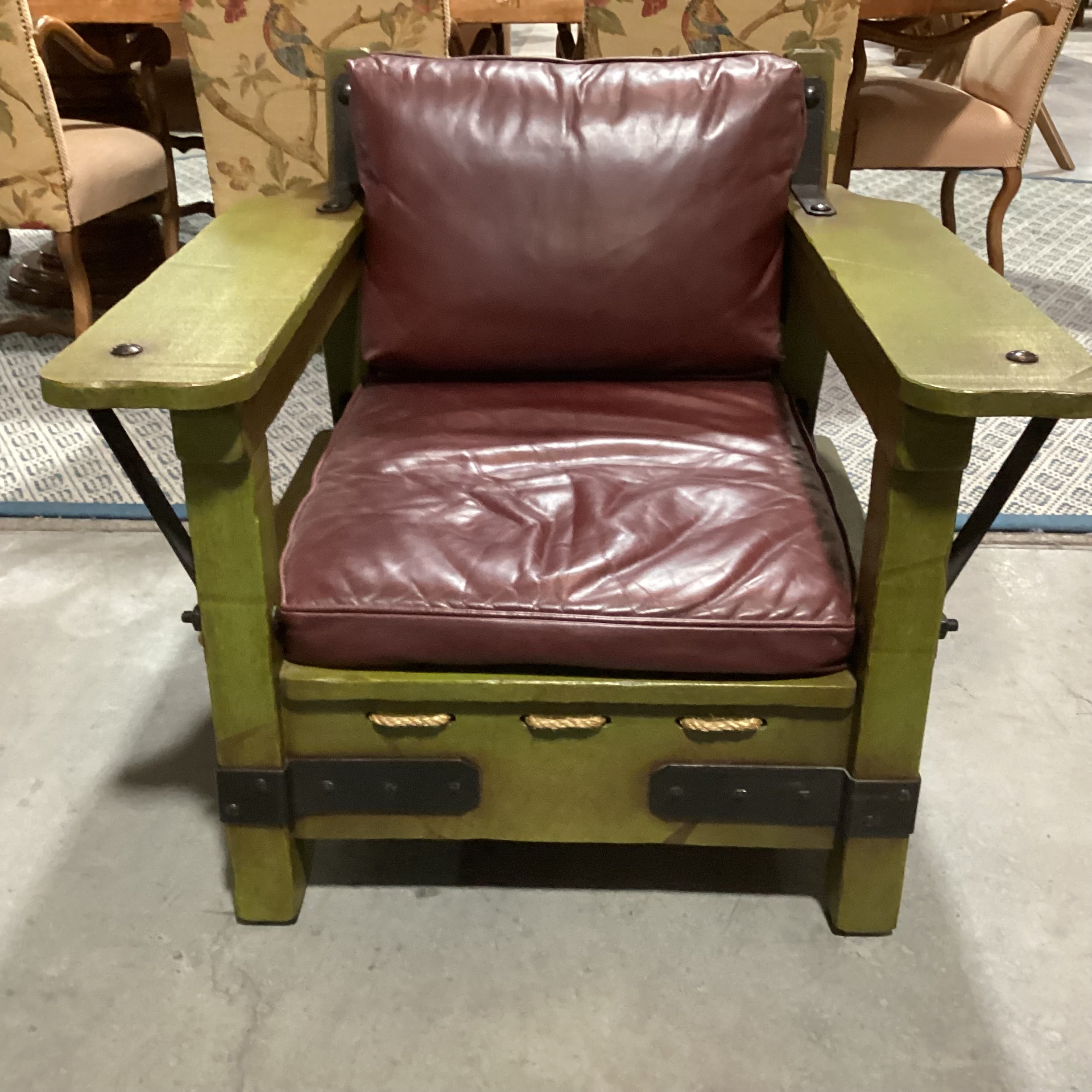 Art in Fine Forms Custom Spanish Green Alder Iron & Rope Leather Cushions with Ottoman Chair 35"x 36" 31"