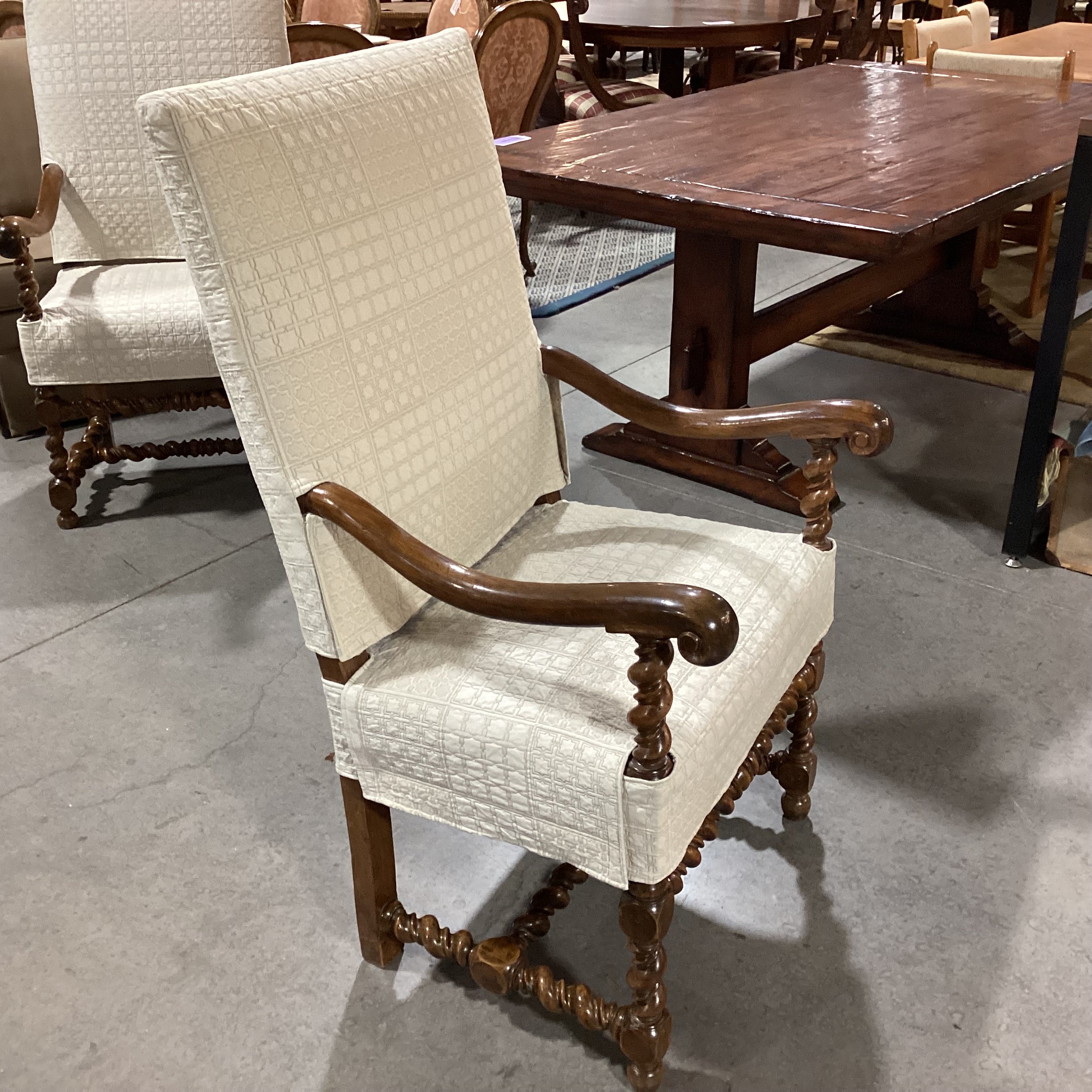 Ornate Carved Wood with Ivory Quilted Slipcover Leather Underneath Chair 26"x 26"x 46"