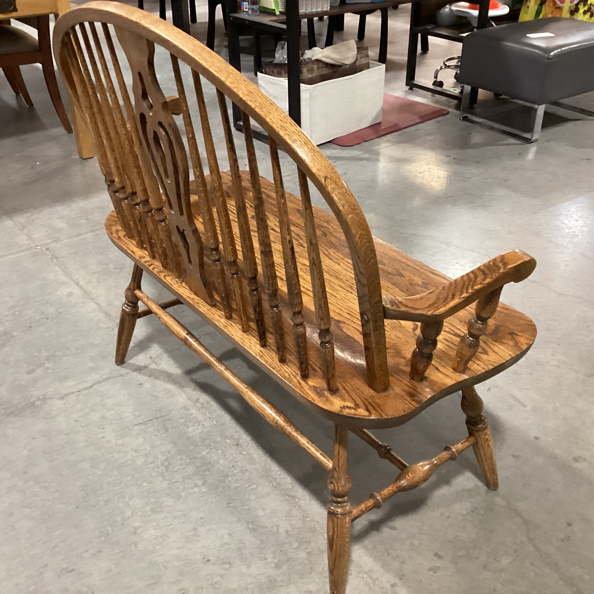 Dinaire Buffalo NY Vintage Antique Solid Oak Windsor Style Bench 43"x 20"x 38"