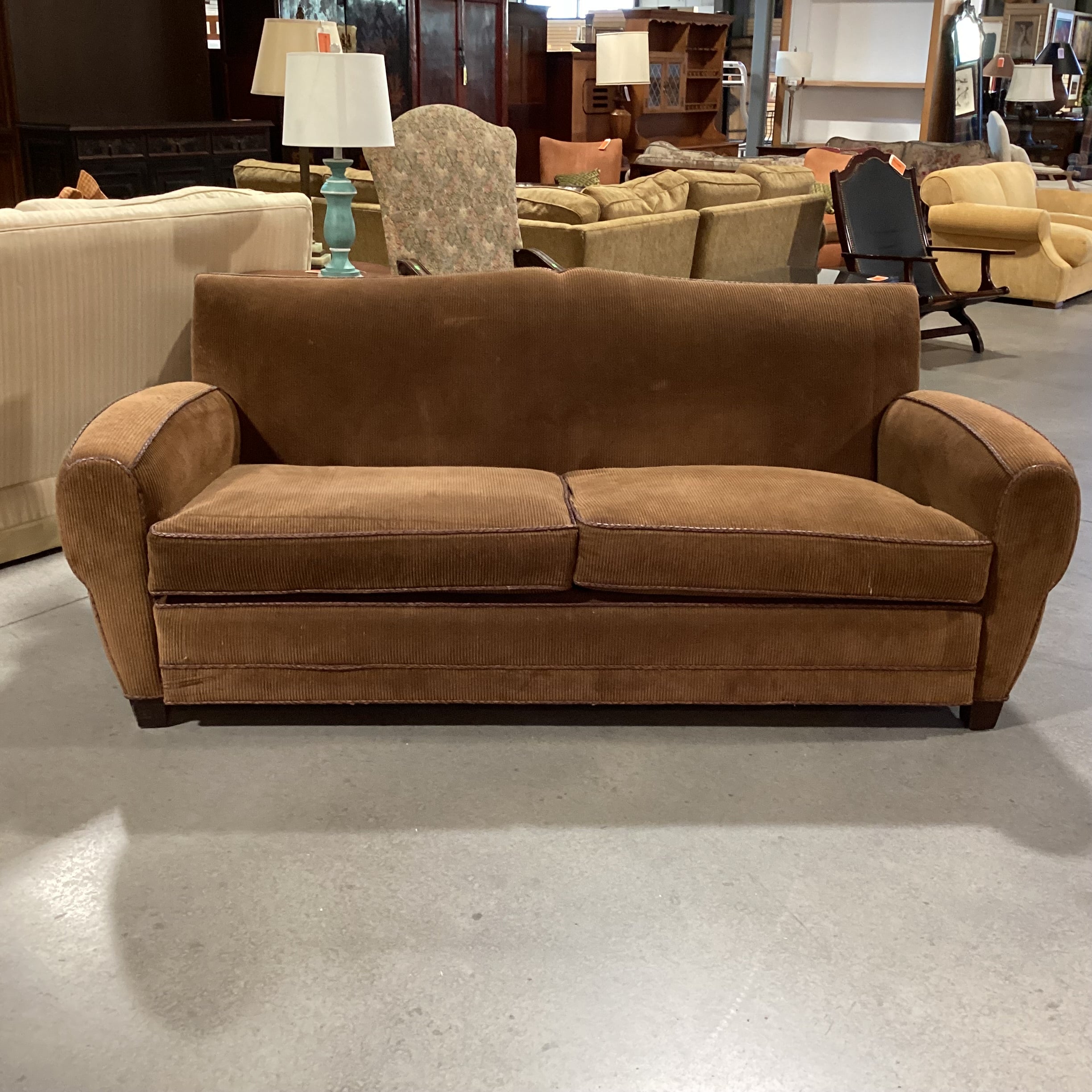Richard Charles Brown Corduroy Braided Leather Piping & Down Mix Sofa 86"x 40"x 34"