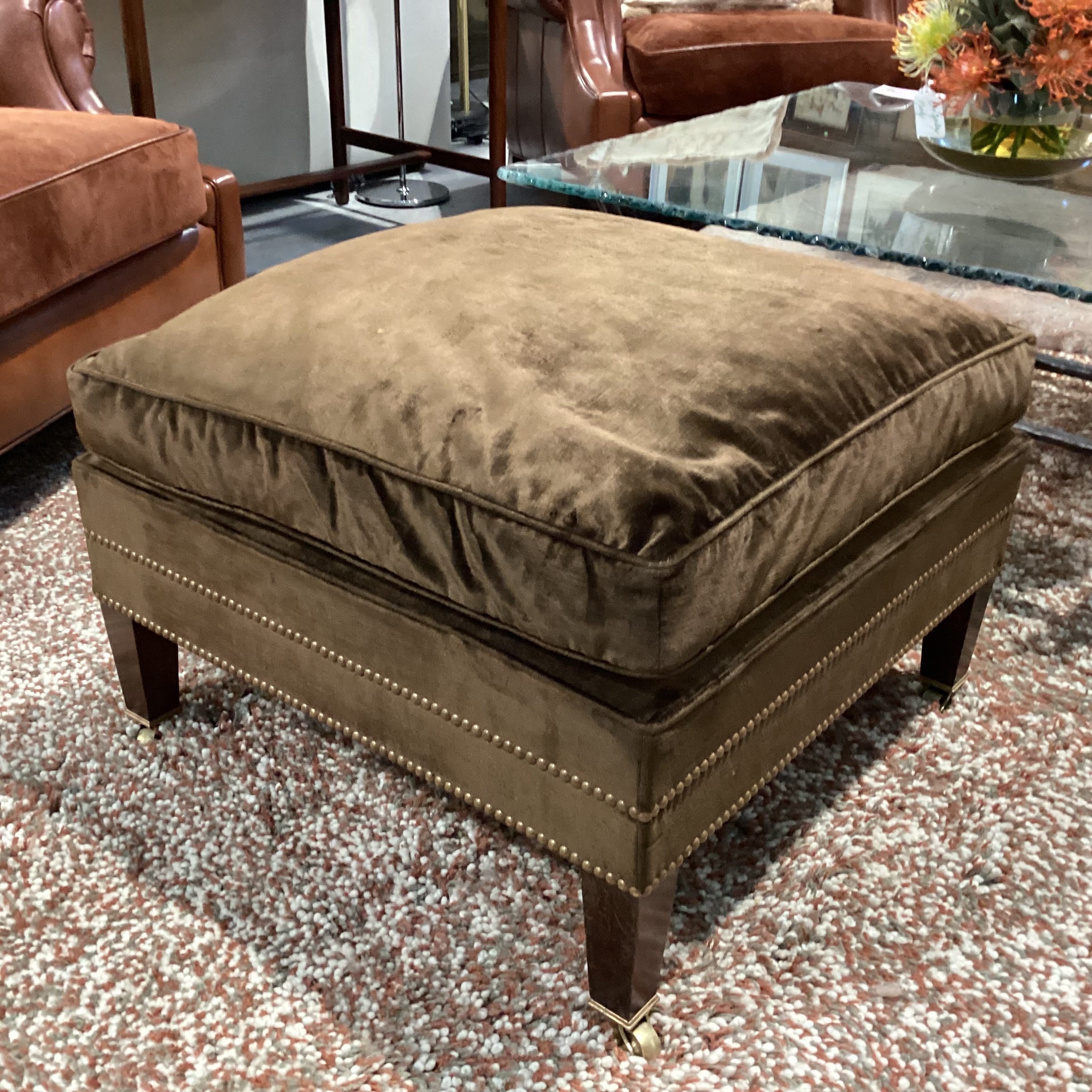 Custom Brown Velvet Nailhead & Brass Casters Down Mix Ottoman 26"x 26"x 19"