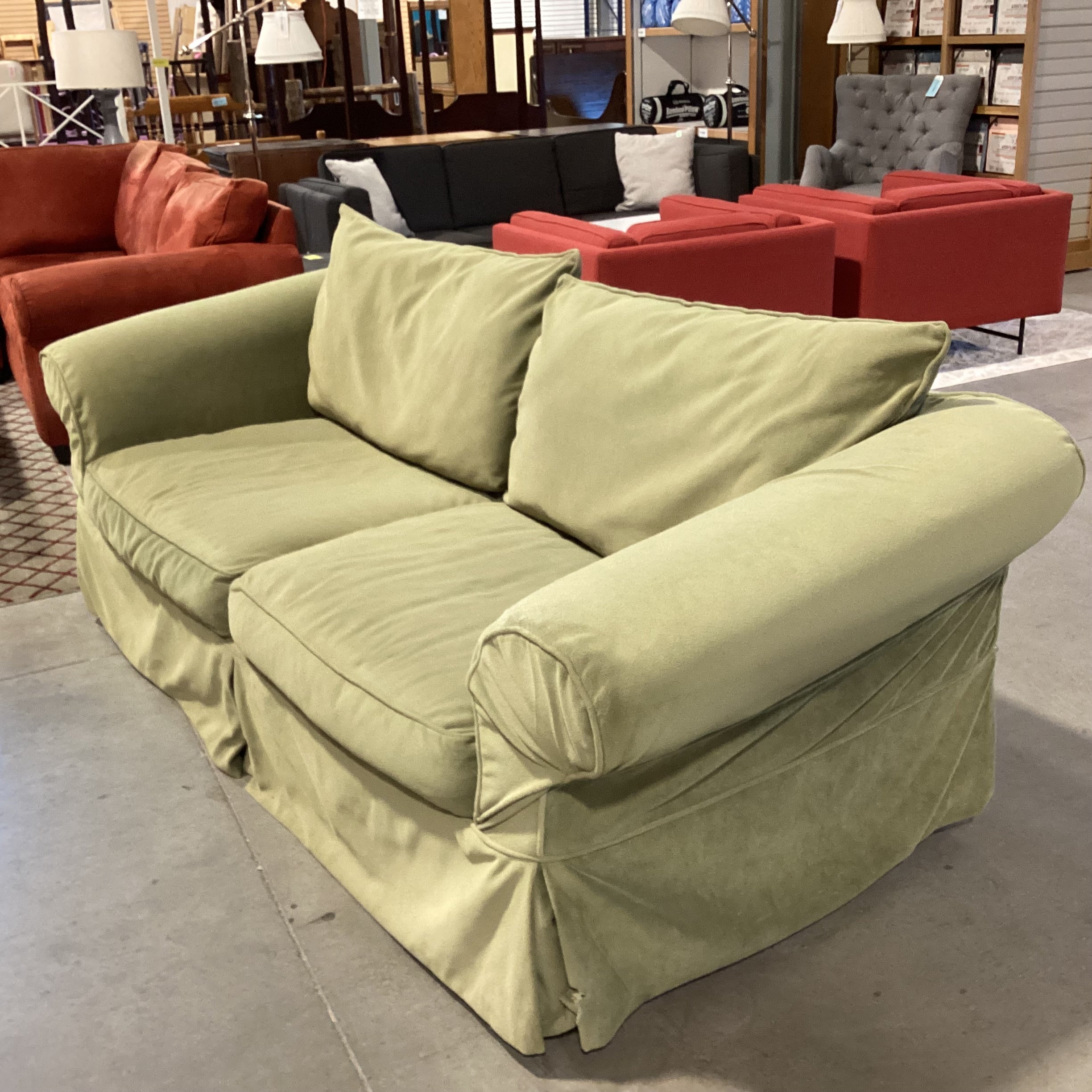 Rowe Furniture Green Plush Slipcovered Sofa 92"x 38"x 31"