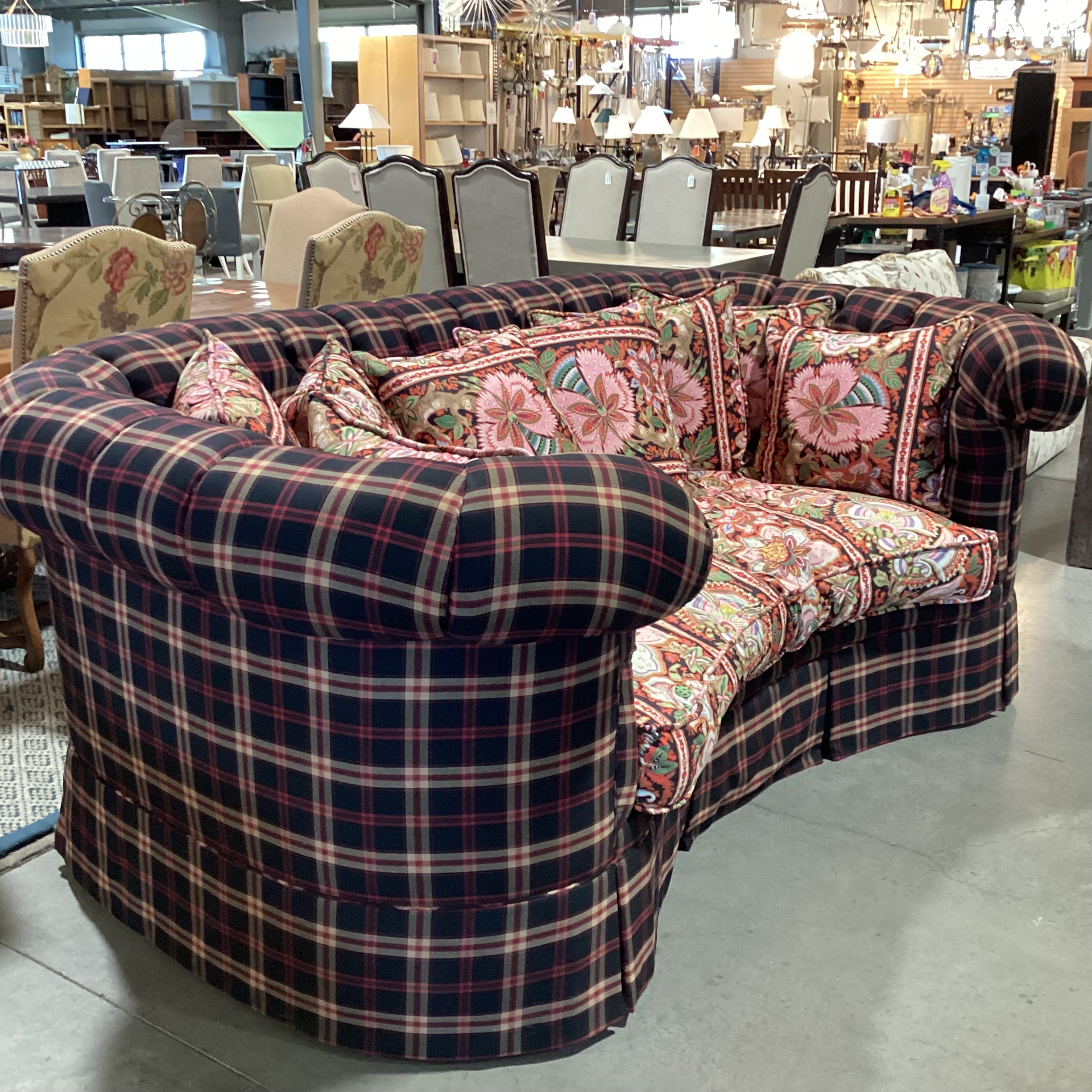 Custom Black Red Tan Plaid Button Tufted with Pink Ornate Floral Cushion & Pillows Down Mix Sofa 100"x 58"x 40"
