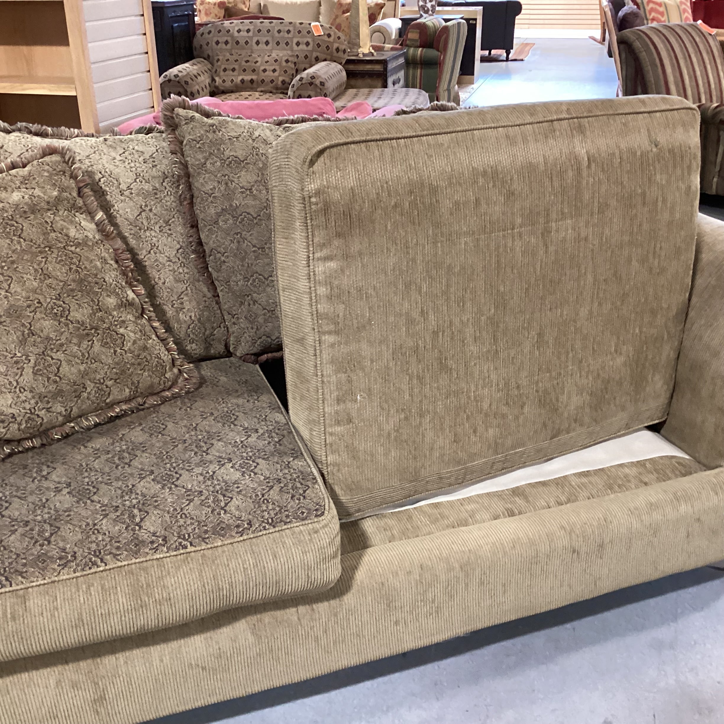 Golden Olive with Reversible Patterned Cushions & Back Pillows Roll Arm Nailhead Sofa 97"x 40"x 30"