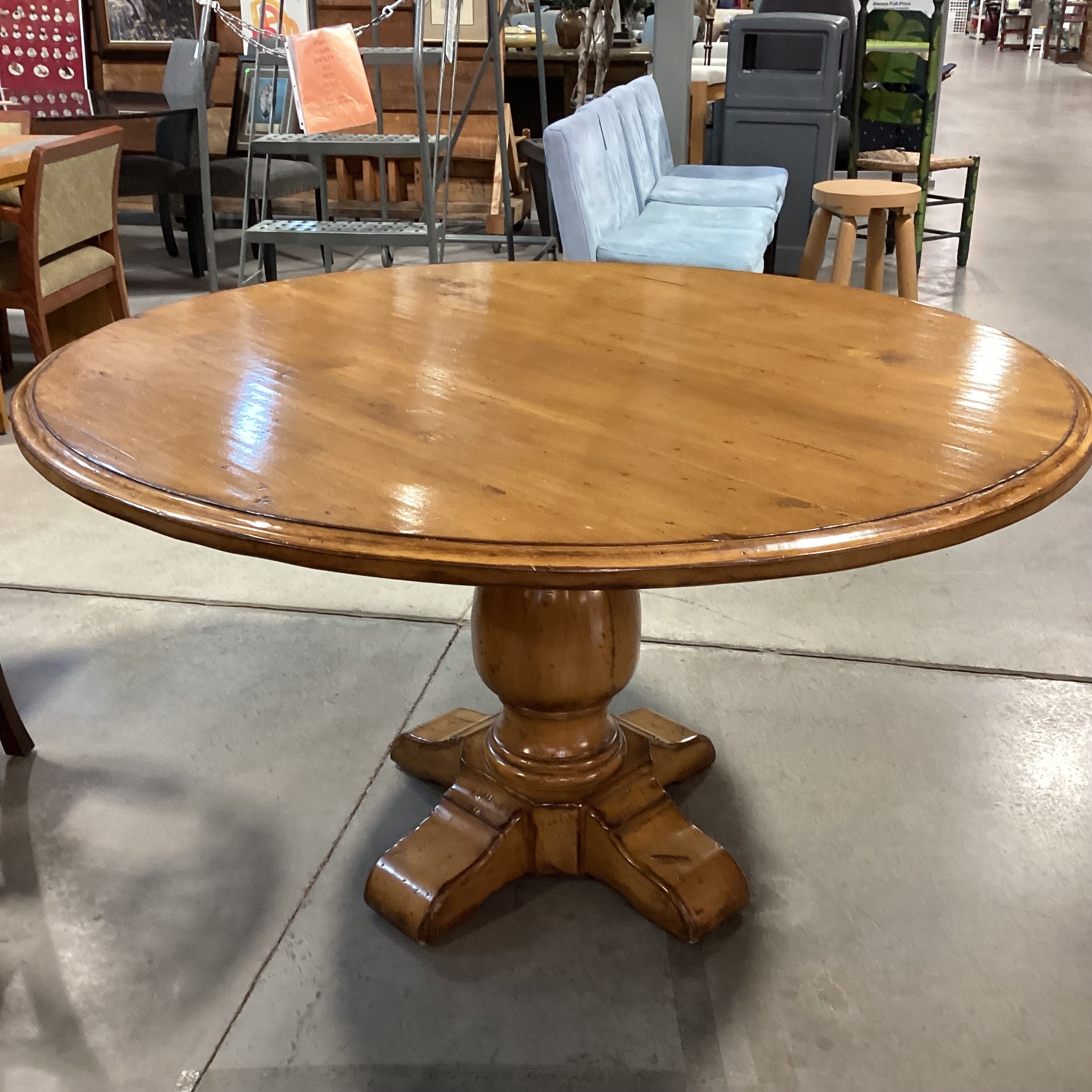 Distressed Finished Wood with Carved Pedestal Round Dining Table 54" Diameter x 30.5"