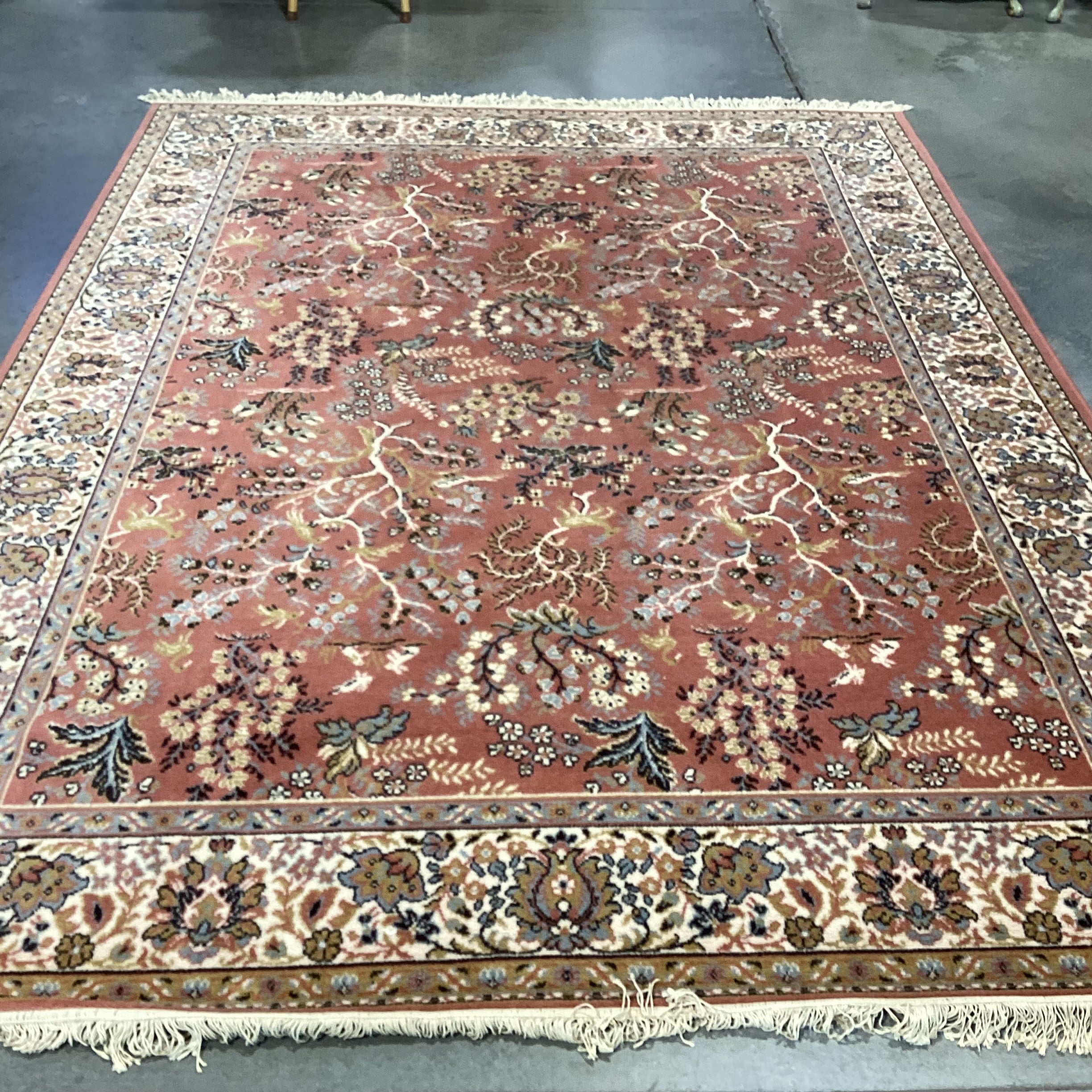 Galaxy Made in Belgium Vintage Salmon Blue Grey & Gold Leaf Floral Pure Virgin Wool Pile Rug 7'11"x 11'4"
